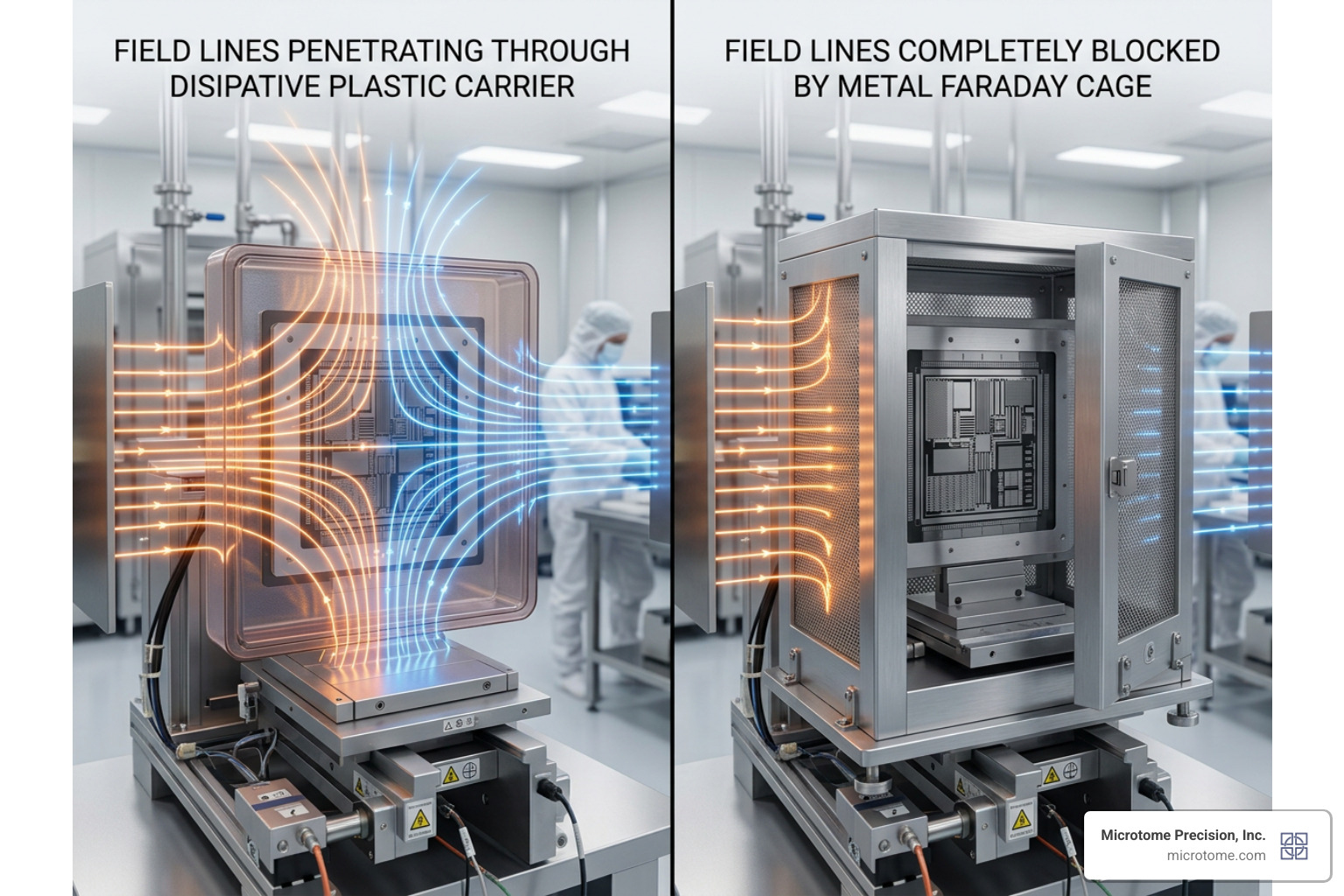 Electric field lines around a reticle inside a dissipative plastic carrier vs an all-metal Faraday cage Electric field lines around a reticle inside a dissipative plastic carrier vs an all-metal Faraday cage