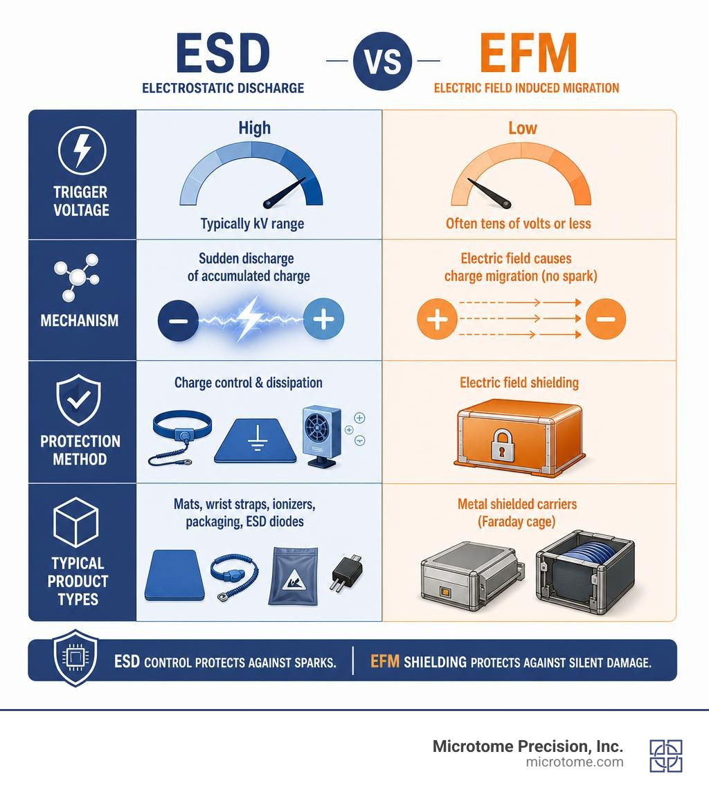 Infographic comparing ESD vs EFM: trigger voltage, mechanism, protection method, product types infographic Infographic comparing ESD vs EFM: trigger voltage, mechanism, protection method, product types infographic