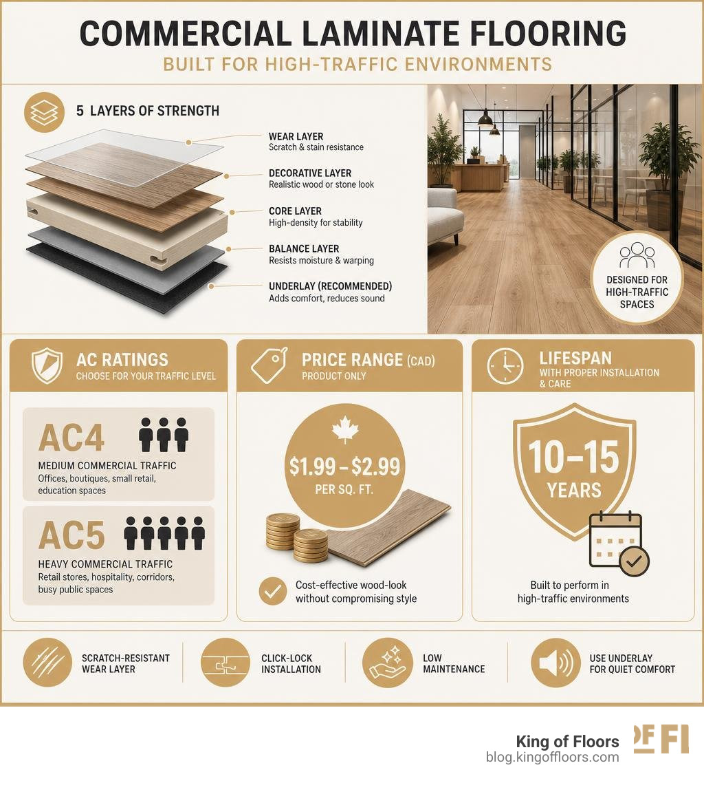 Infographic showing commercial laminate flooring layers, AC ratings, price range, and lifespan for high-traffic environments