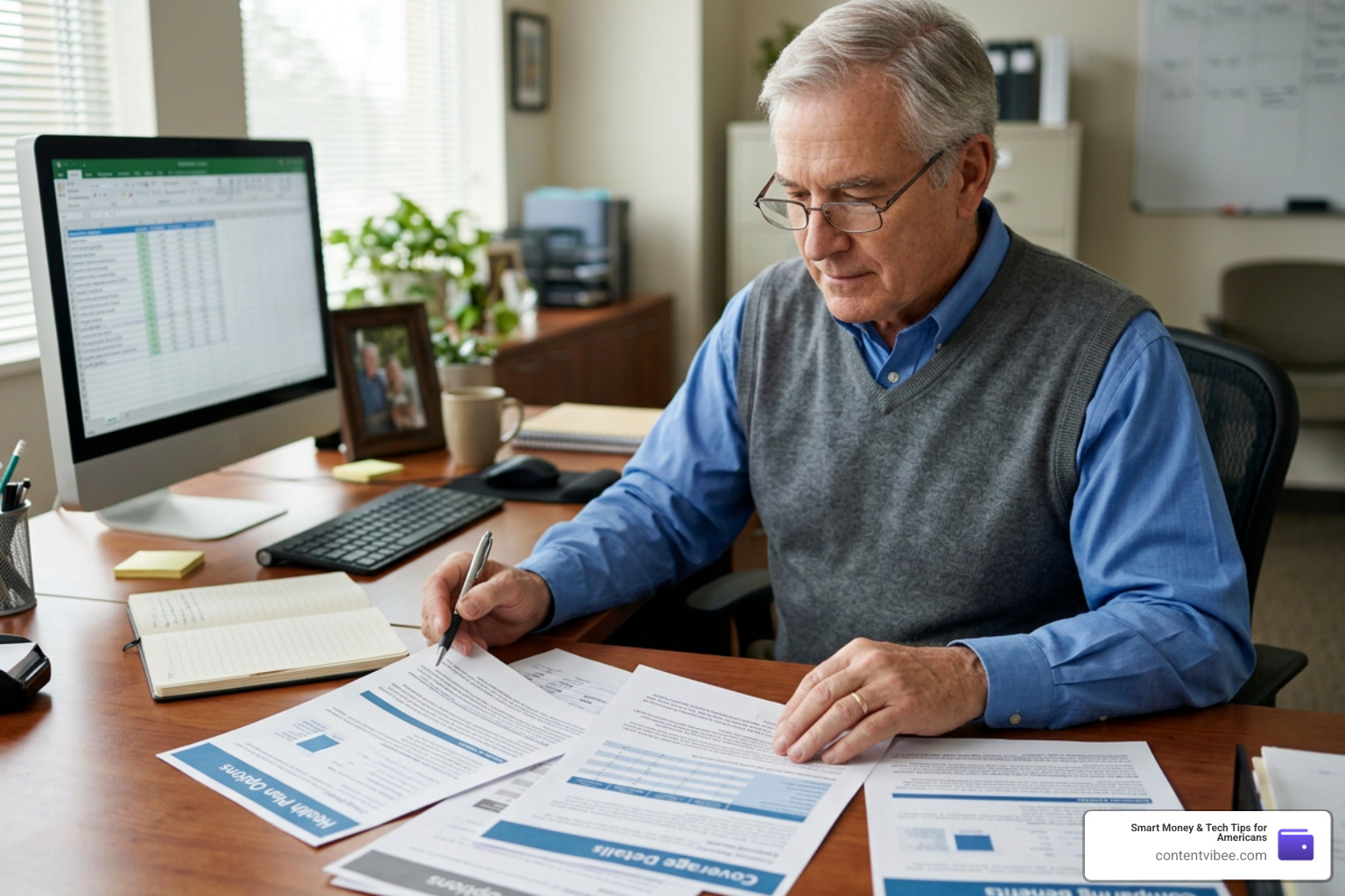 Older professional reviewing health insurance options at their desk