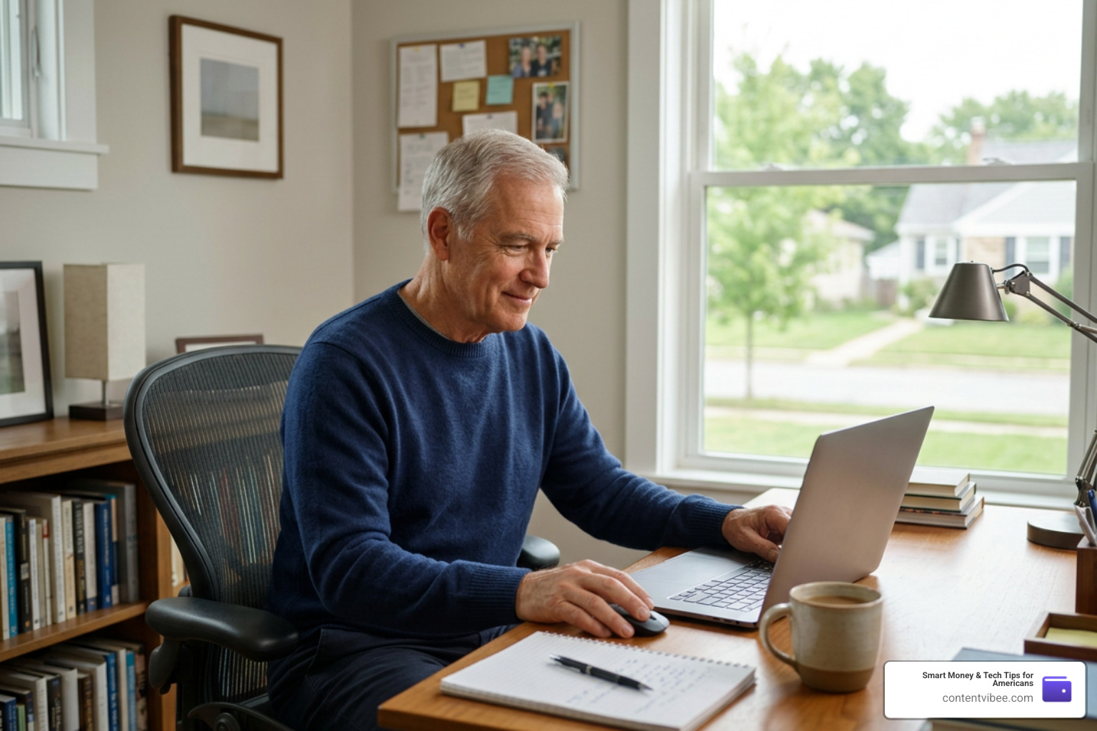 retired consultant working from home office
