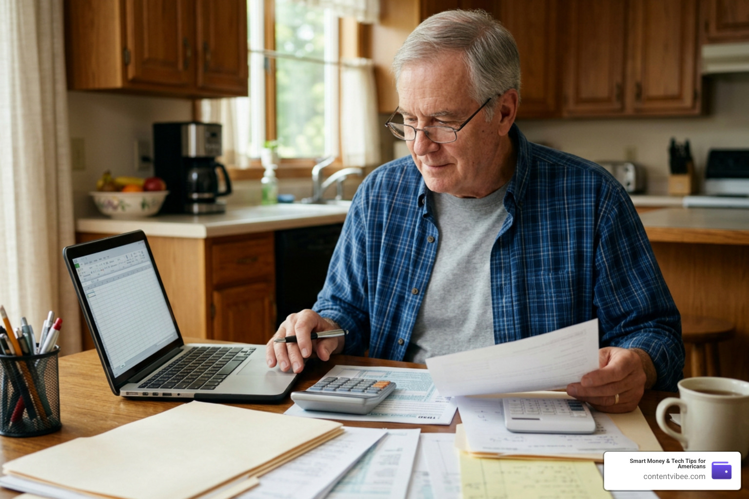 retired senior reviewing tax documents and planning finances