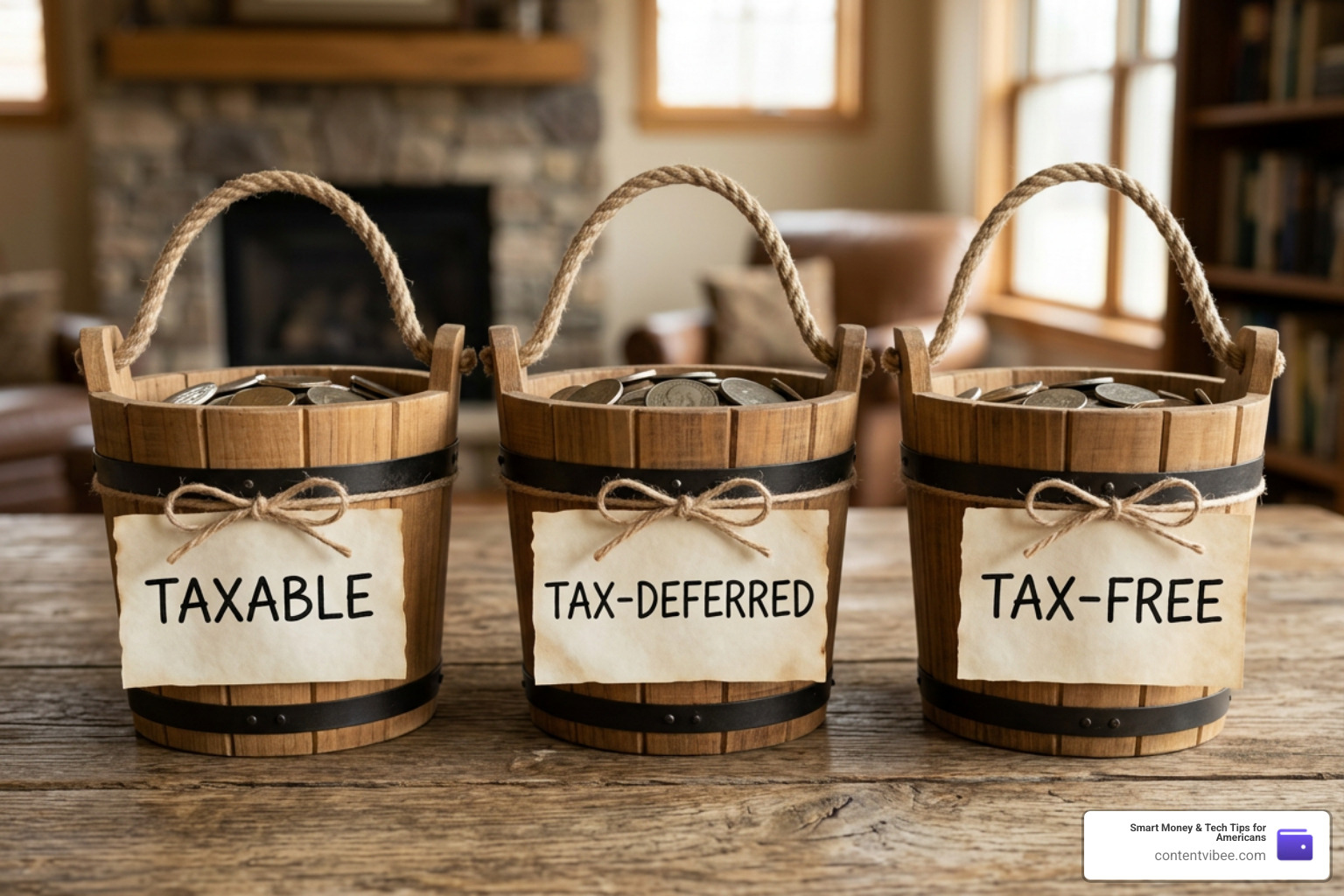 three financial buckets representing different tax treatments