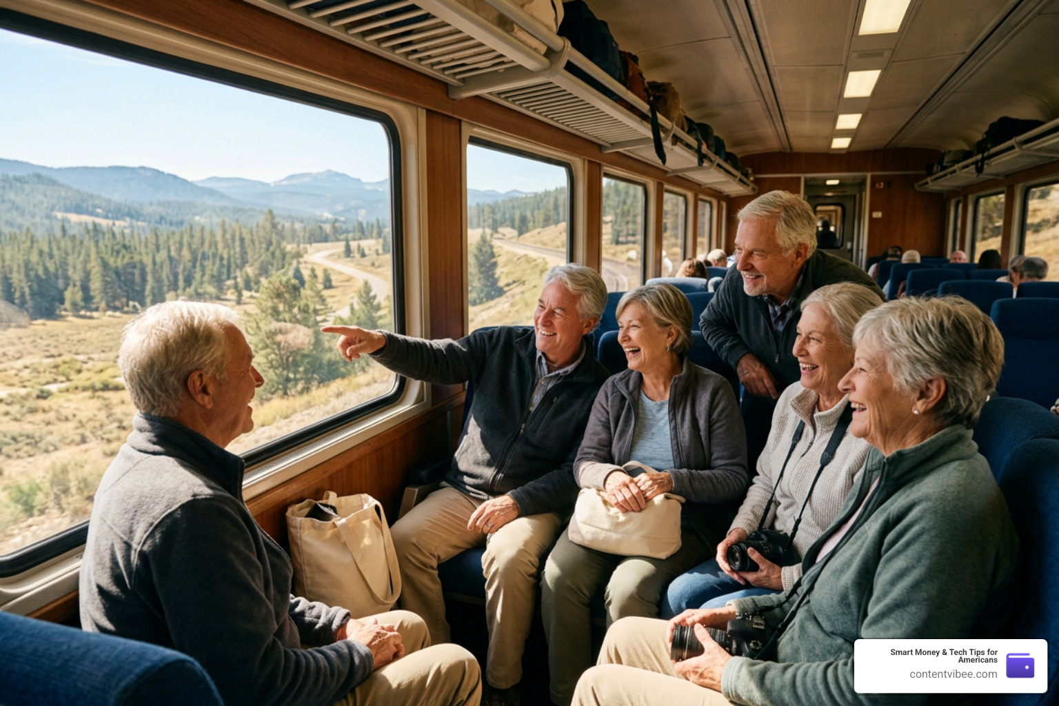 A group of happy senior friends traveling together on a scenic train route