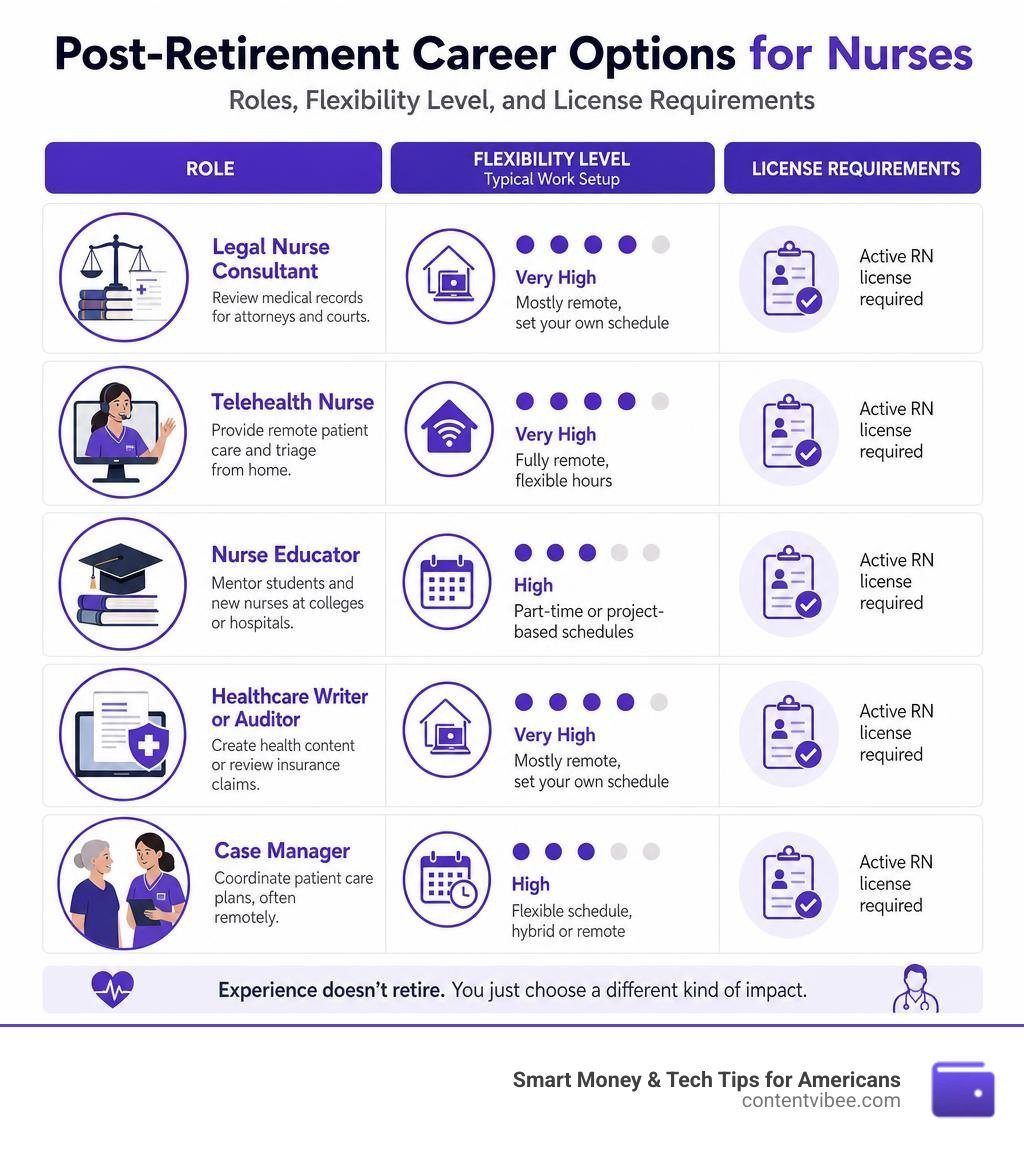 Post-retirement career options for nurses: roles, flexibility level, and license requirements infographic