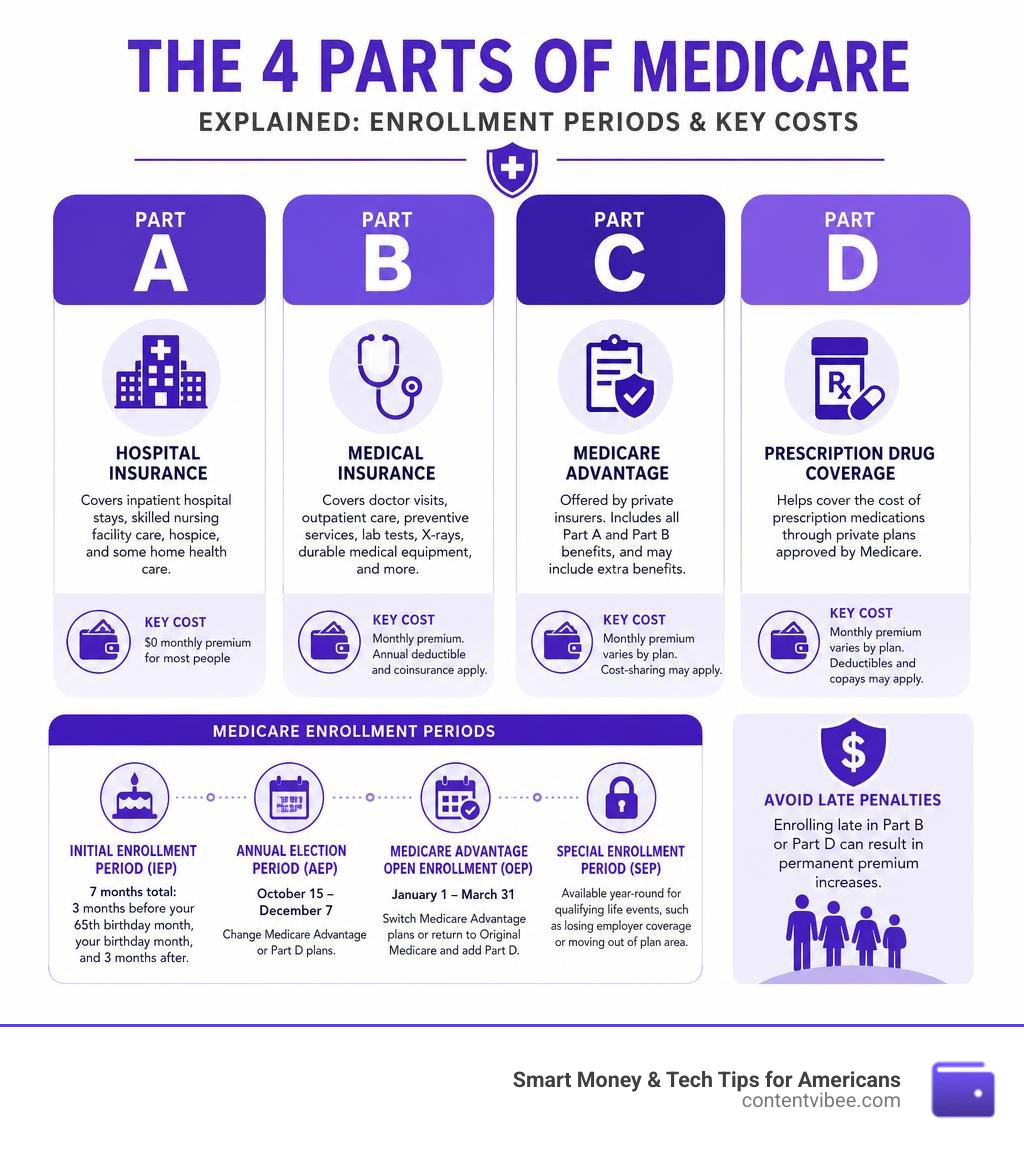 Four parts of Medicare A B C D explained with enrollment periods and key costs infographic
