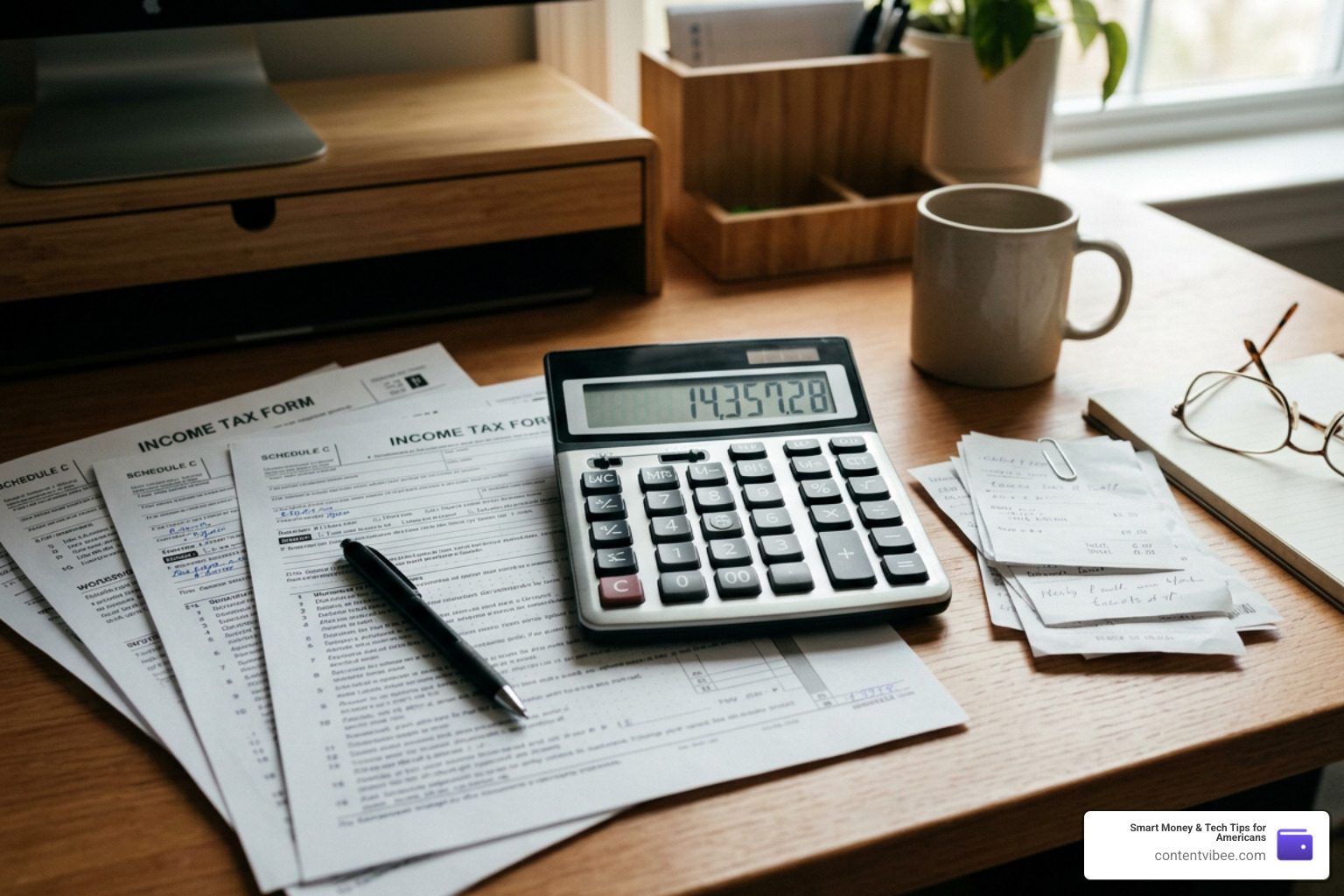 tax forms and a calculator on a desk