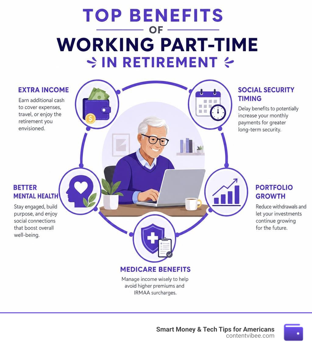 benefits of working part time in retirement infographic: income, Social Security timing, portfolio growth, Medicare, mental