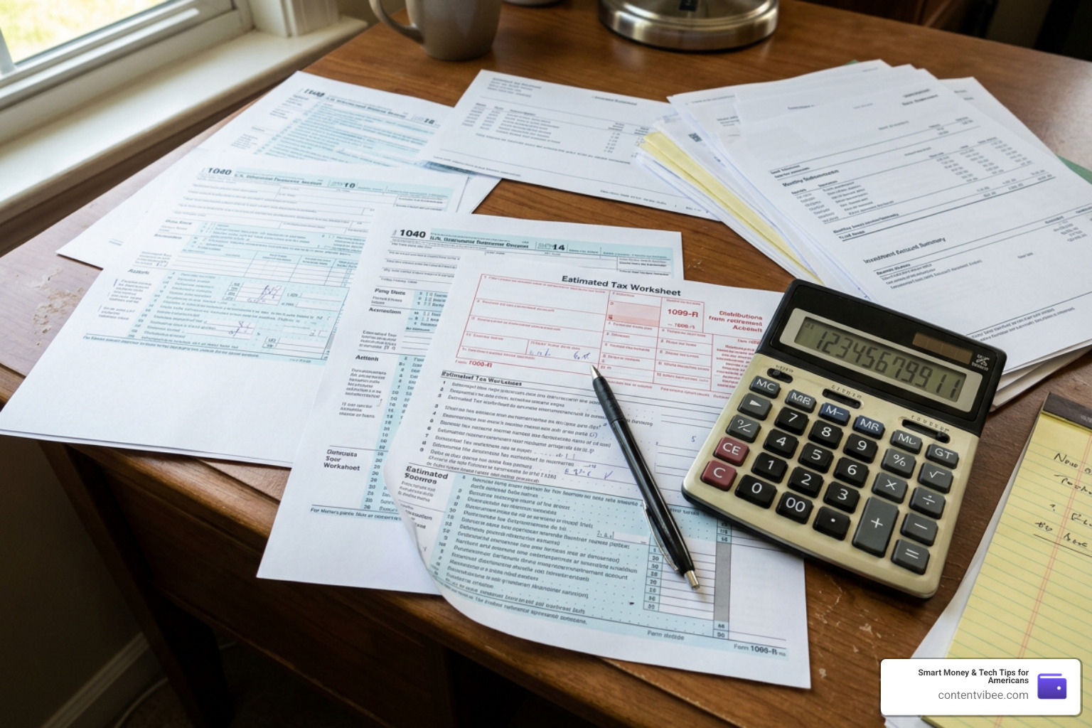 Tax forms and calculator illustrating retirement account withdrawal tax brackets
