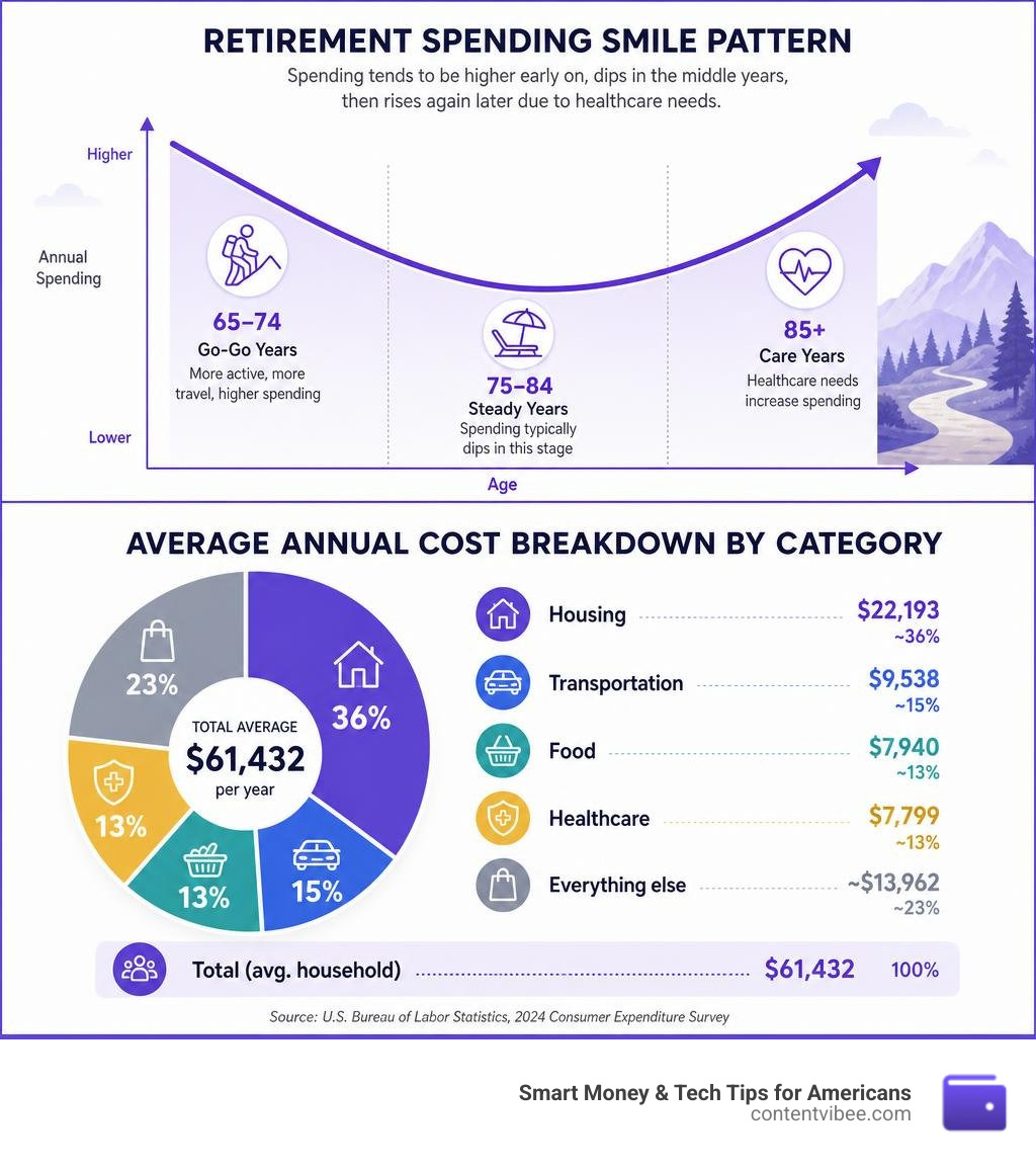 Retirement spending smile pattern and average cost breakdown by category infographic