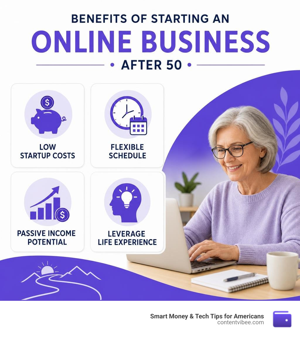 Benefits of starting an online business after 50: low startup costs, flexible schedule, passive income potential, leverage