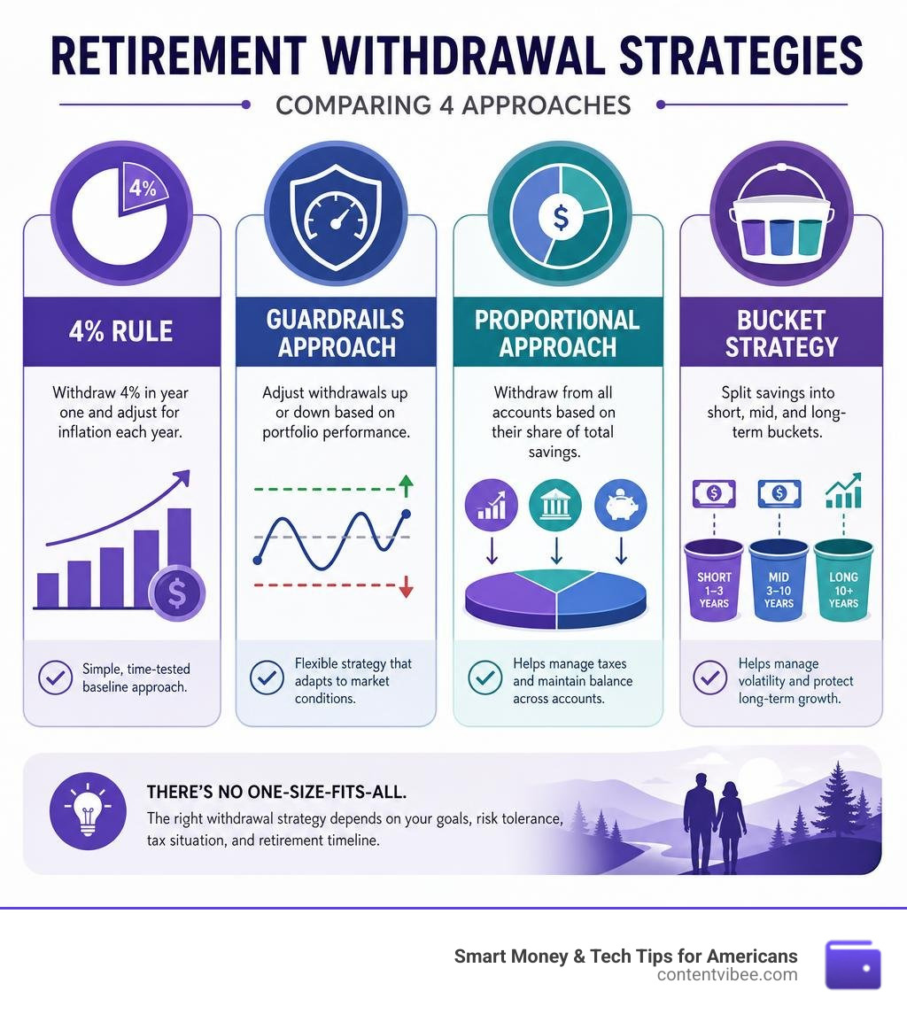 Comparison infographic of retirement withdrawal strategies showing 4% rule, guardrails, proportional, and bucket approaches