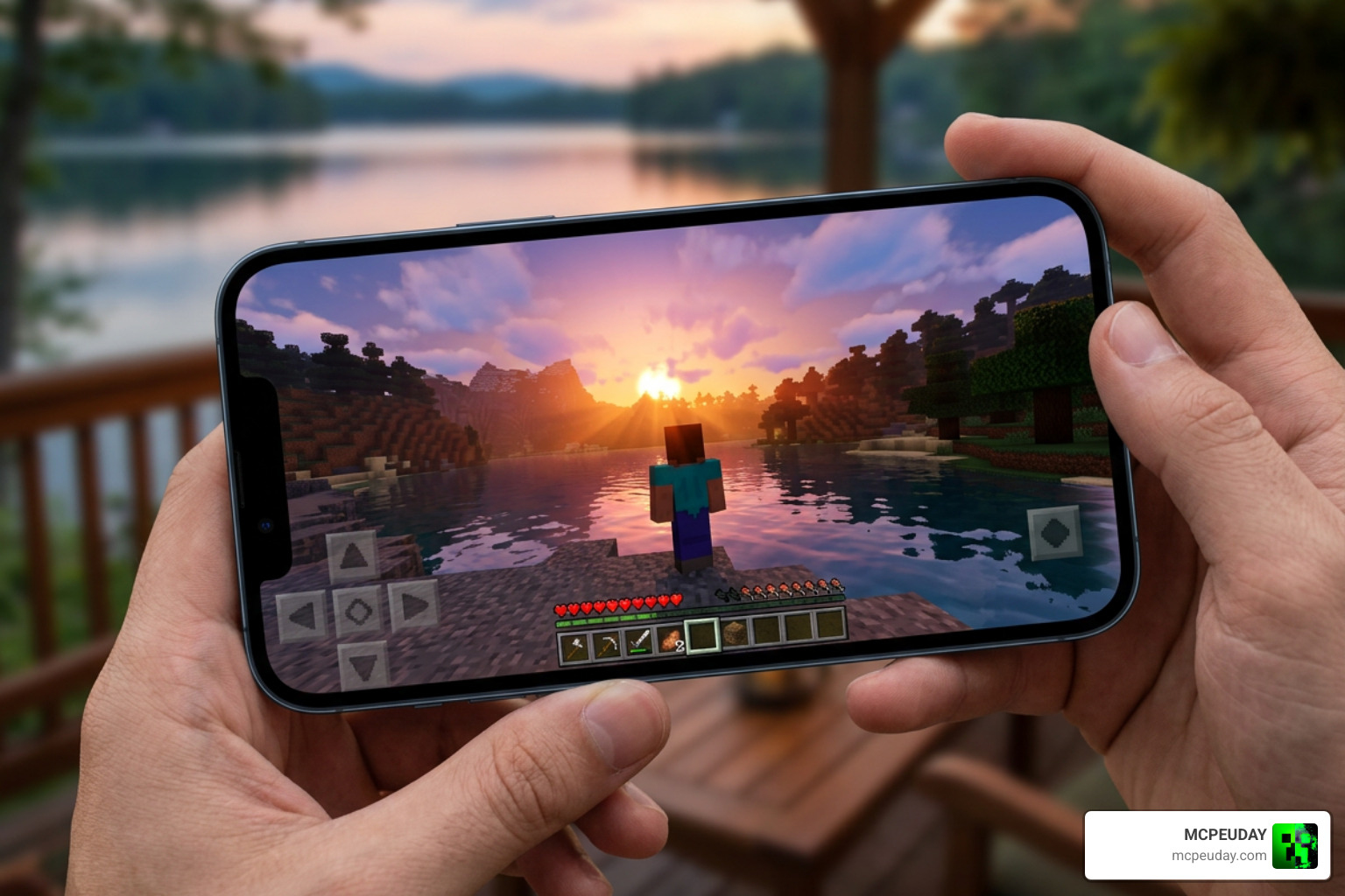 Realism Visuals Shader running on mobile Minecraft PE showing sunset and water