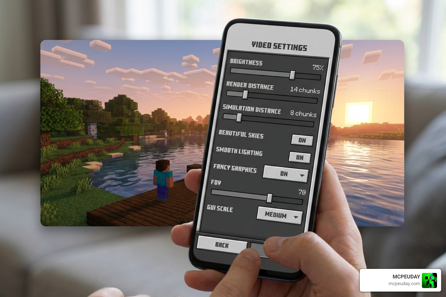 Minecraft PE video settings menu with shader active