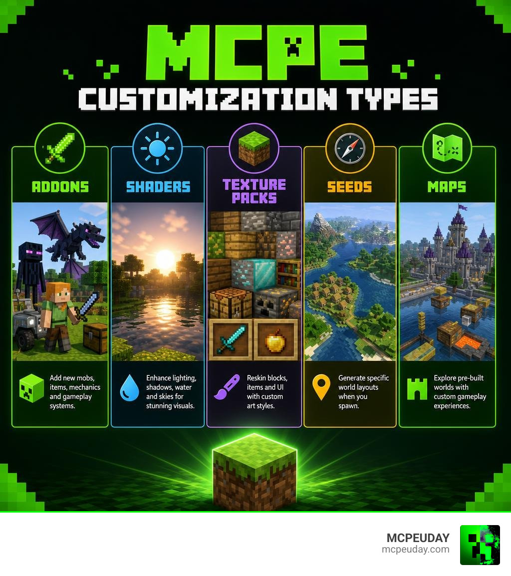 MCPE customization types infographic showing addons shaders texture packs seeds and maps infographic