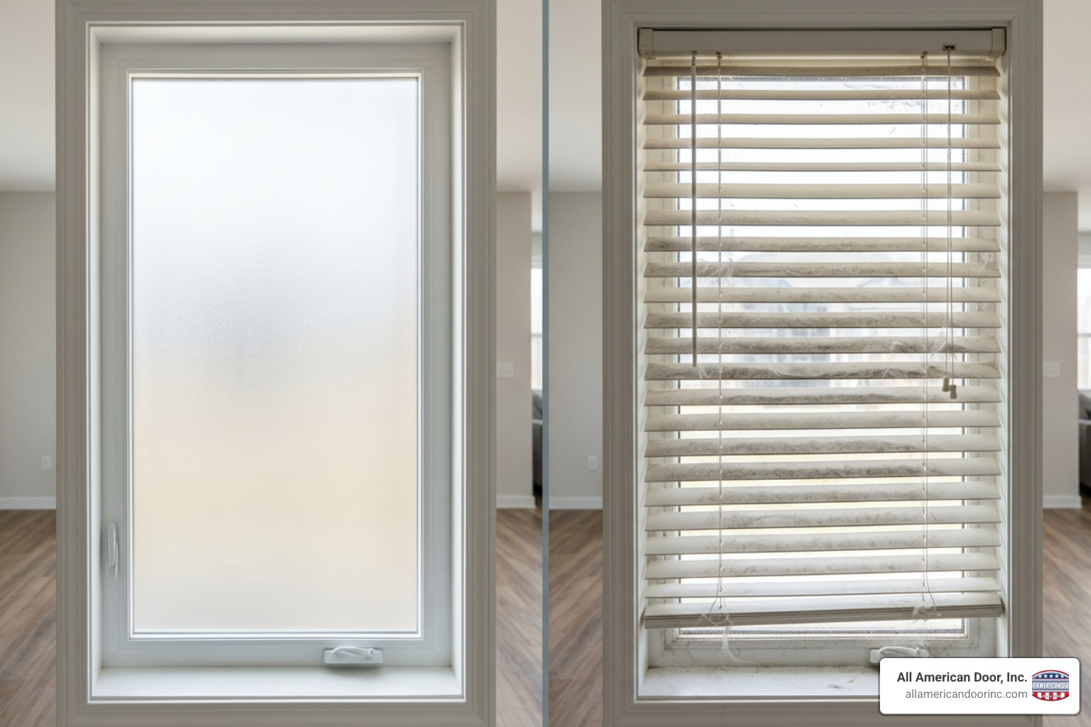 Comparison showing frosted vinyl on the left and traditional dust-collecting blinds on the right Comparison showing frosted vinyl on the left and traditional dust-collecting blinds on the right