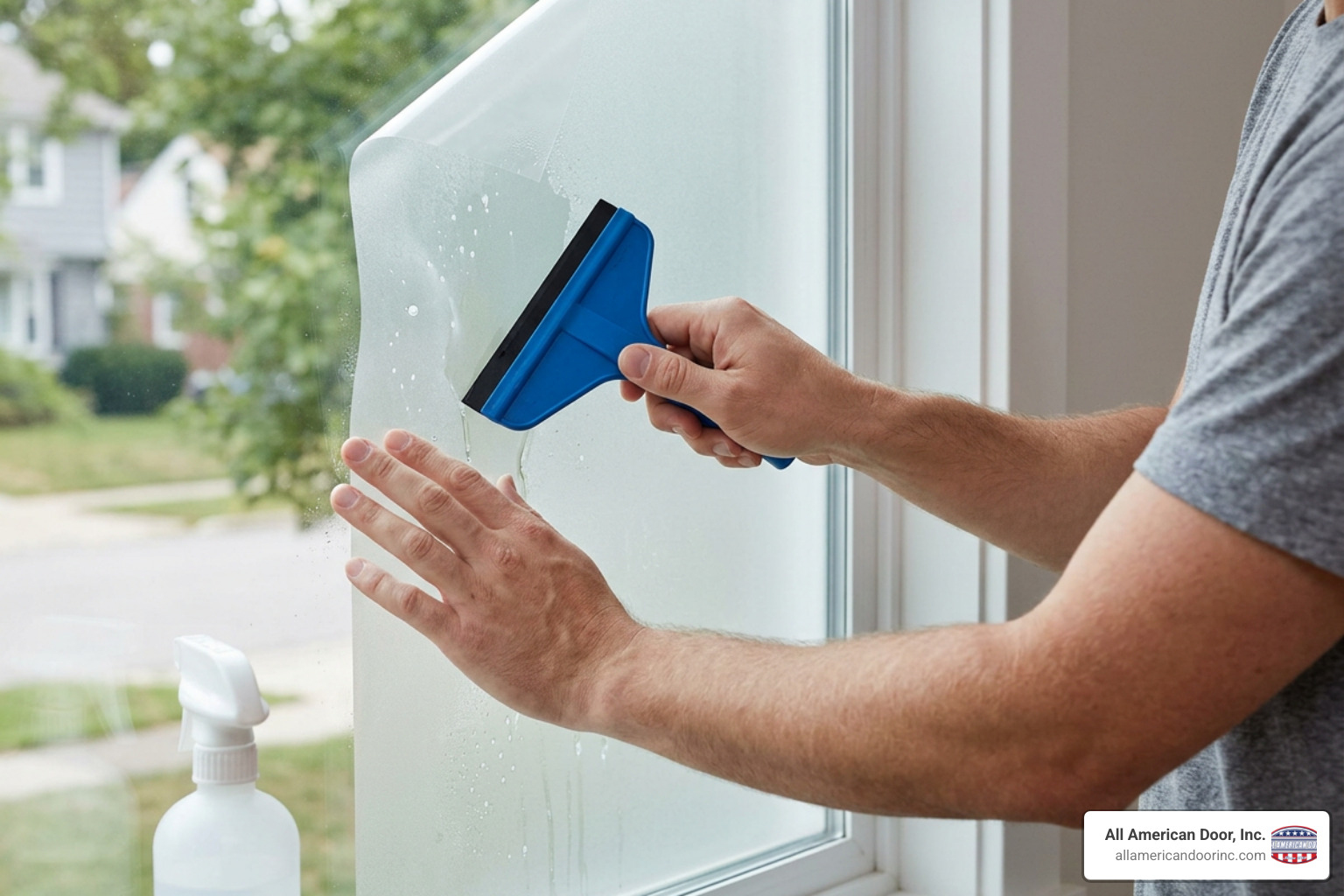 Step-by-step DIY installation process of applying frosted window film with a squeegee Step-by-step DIY installation process of applying frosted window film with a squeegee