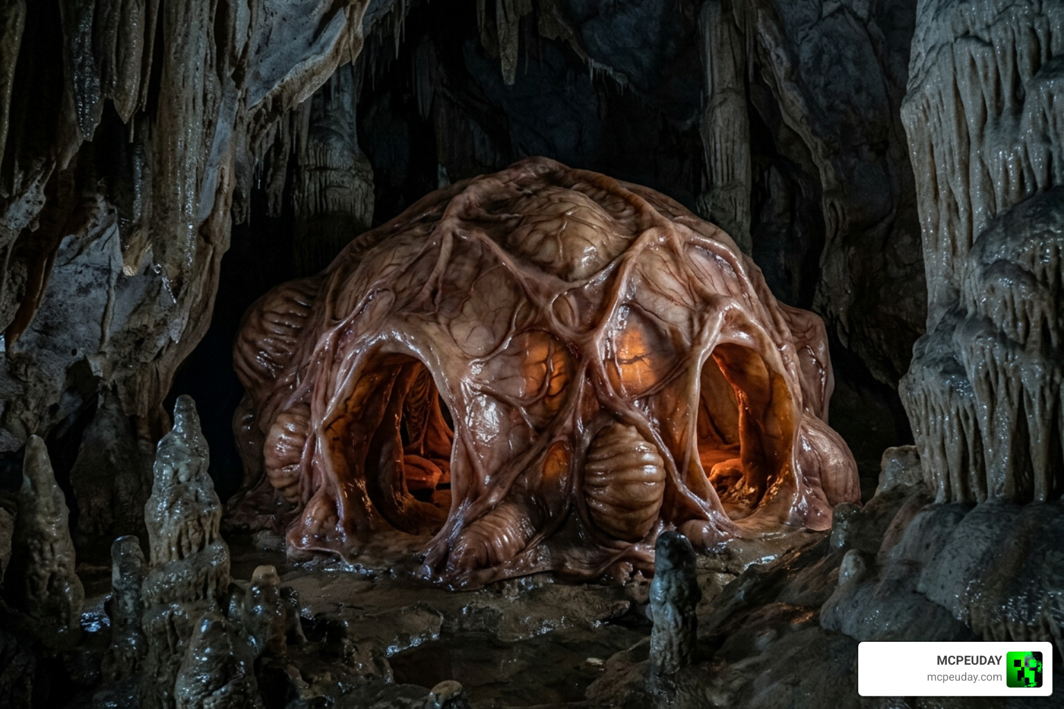 The fleshy Dwelling structure hidden deep inside a cave system The fleshy Dwelling structure hidden deep inside a cave system
