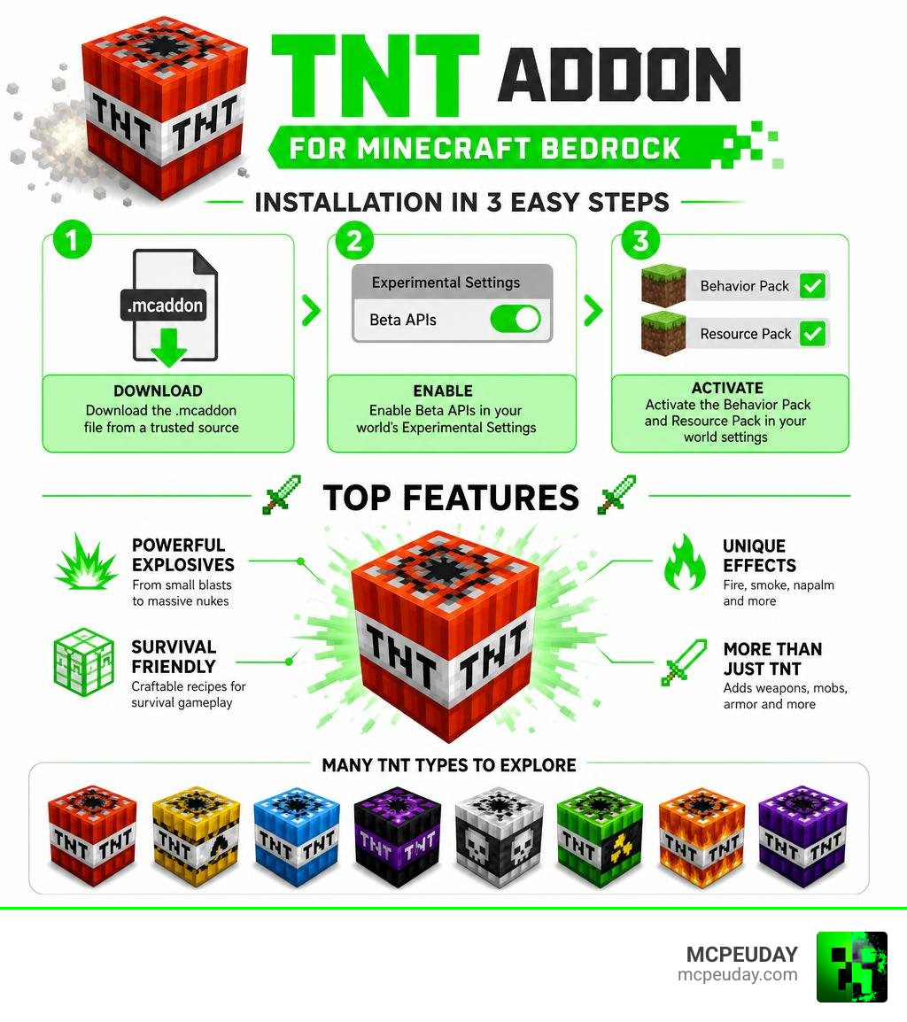 TNT Addon for Minecraft Bedrock installation steps and top features infographic infographic TNT Addon for Minecraft Bedrock installation steps and top features infographic infographic