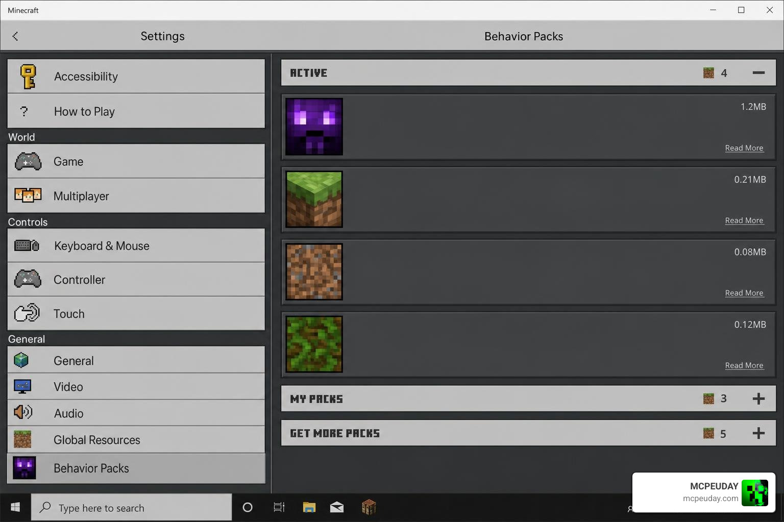 Minecraft Bedrock settings menu showing active behavior packs Minecraft Bedrock settings menu showing active behavior packs