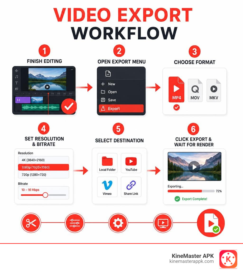 Video export workflow infographic showing steps from editing to final file output infographic Video export workflow infographic showing steps from editing to final file output infographic