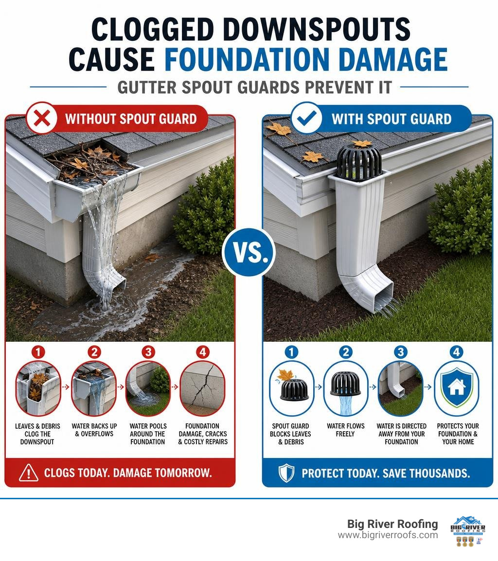 Infographic showing how clogged downspouts cause foundation damage and how gutter spout guards prevent it infographic Infographic showing how clogged downspouts cause foundation damage and how gutter spout guards prevent it infographic