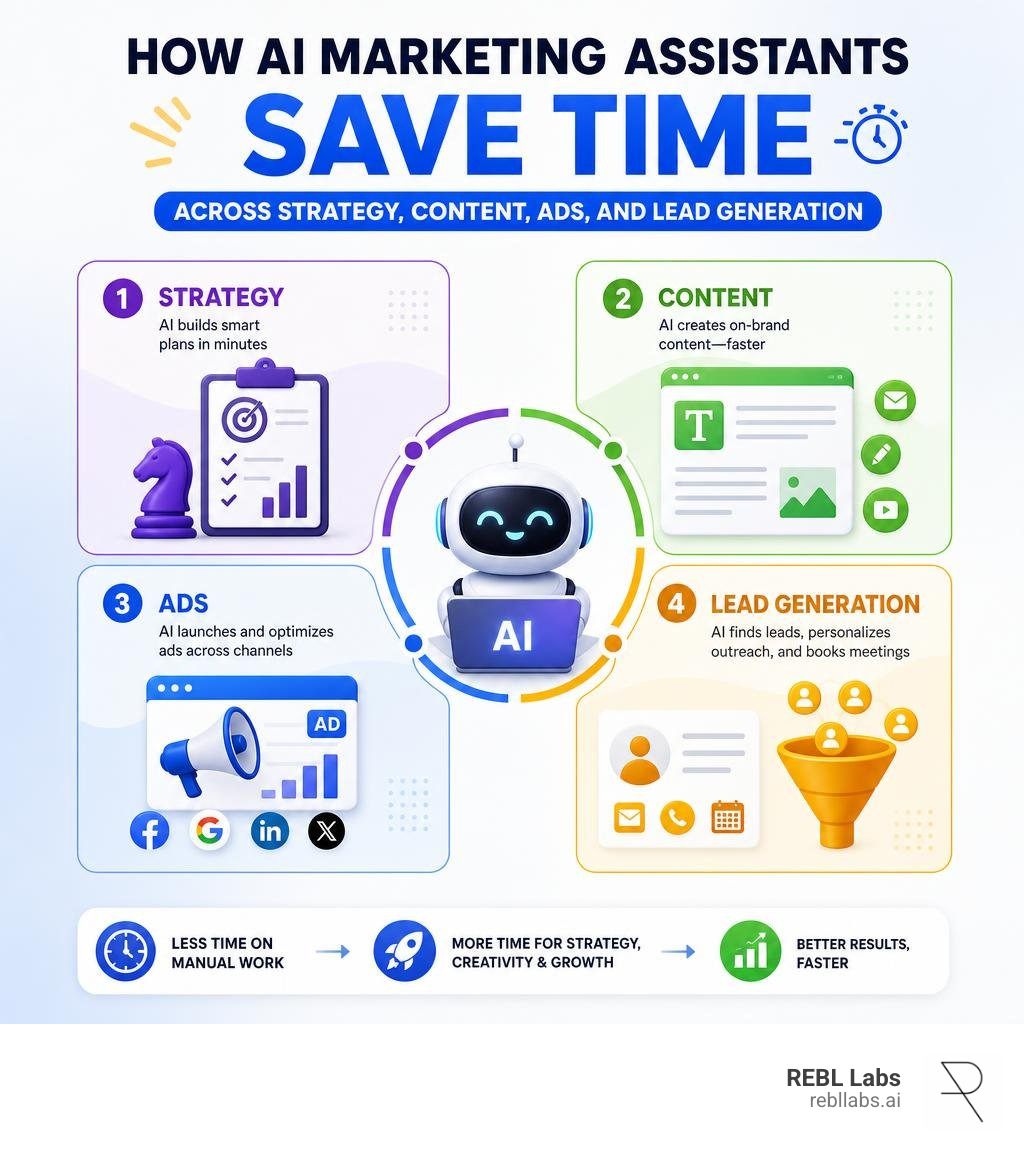 How AI marketing assistants save time across strategy, content, ads, and lead generation infographic How AI marketing assistants save time across strategy, content, ads, and lead generation infographic