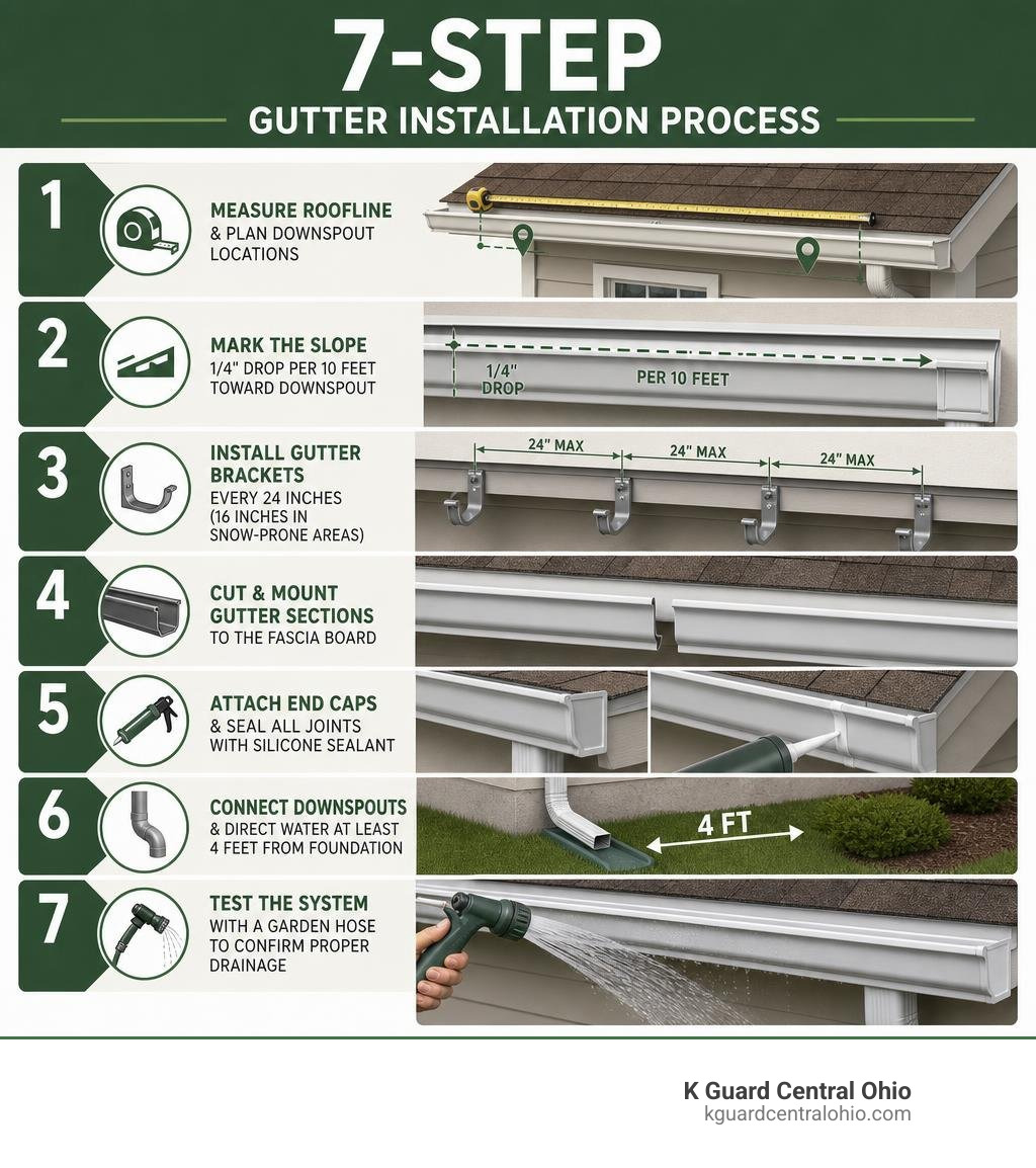 Infographic showing the 7-step gutter installation process with slope, brackets, and downspout placement infographic Infographic showing the 7-step gutter installation process with slope, brackets, and downspout placement infographic