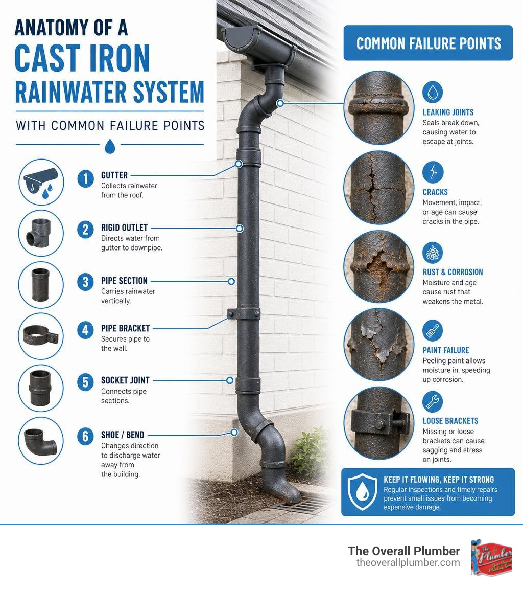 Anatomy of a cast iron rainwater system with labeled components and common failure points infographic Anatomy of a cast iron rainwater system with labeled components and common failure points infographic