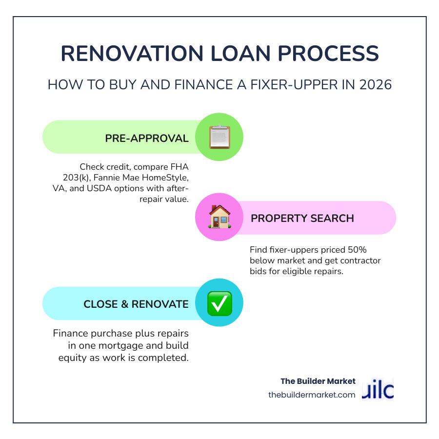 infographic showing renovation loan types, down payment requirements, credit scores, and after-repair value process