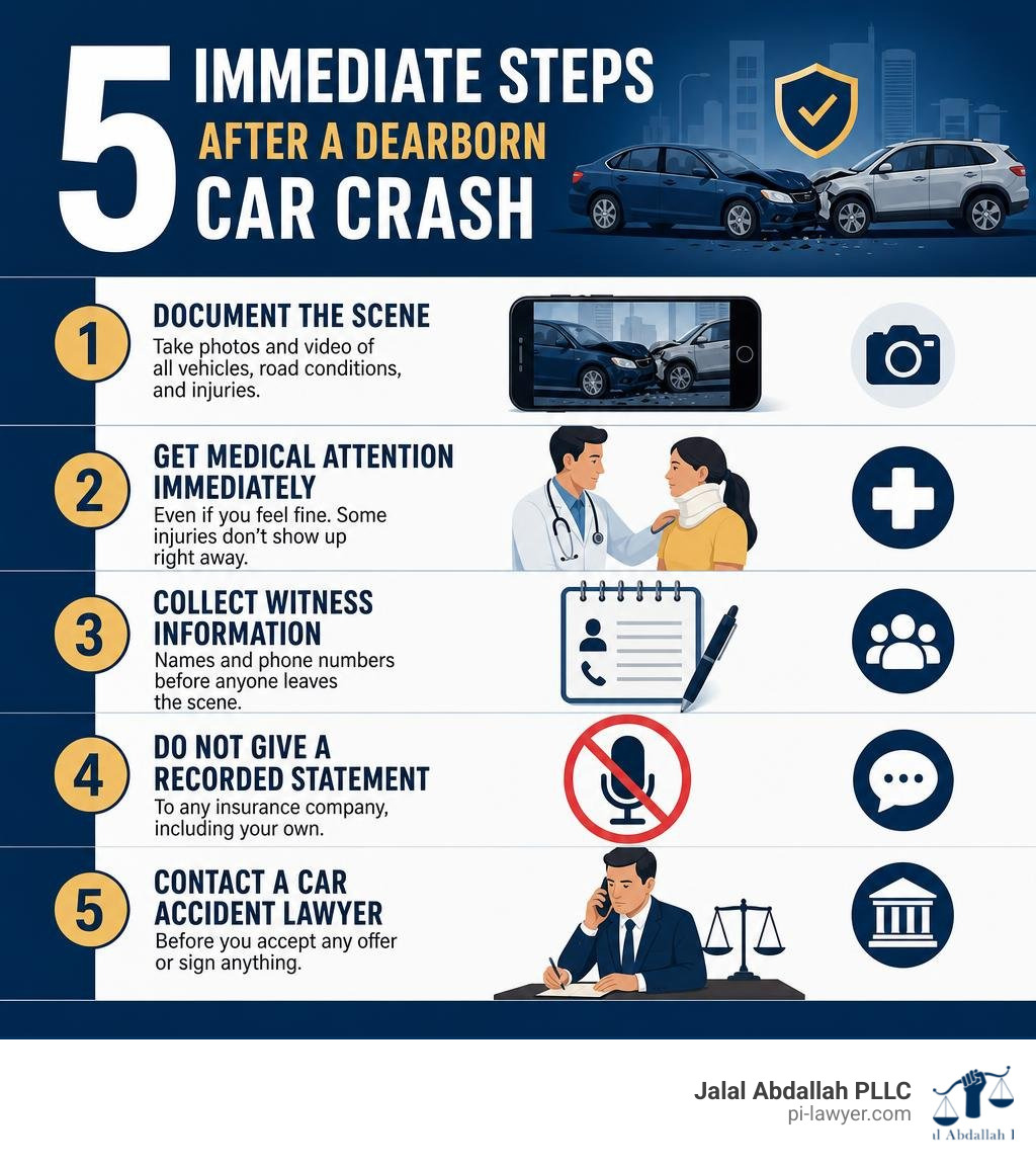 5 immediate steps after a Dearborn car crash infographic infographic 5 immediate steps after a Dearborn car crash infographic infographic