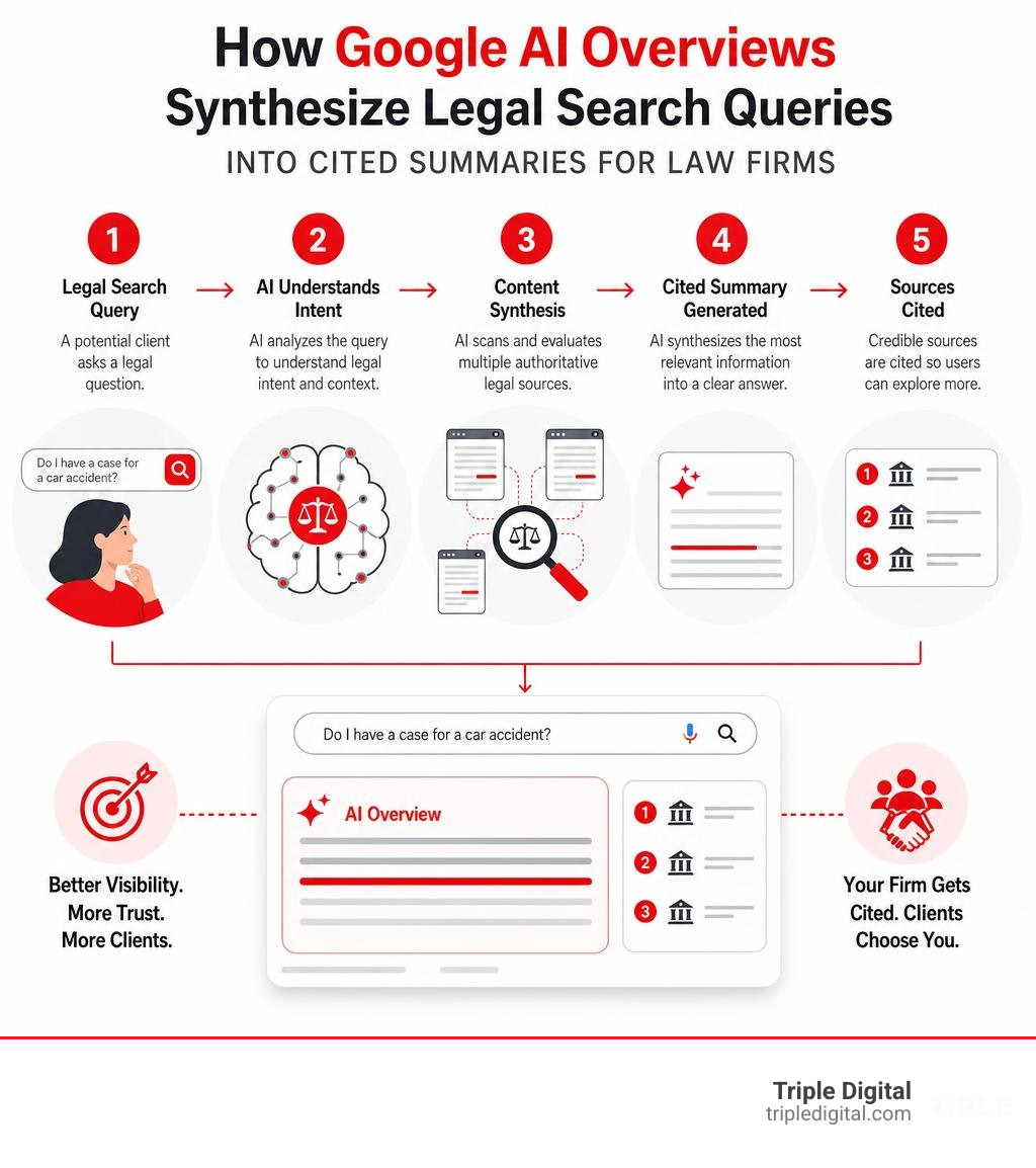 Infographic showing how Google AI Overviews synthesize legal search queries into cited summaries for law firms infographic Infographic showing how Google AI Overviews synthesize legal search queries into cited summaries for law firms infographic