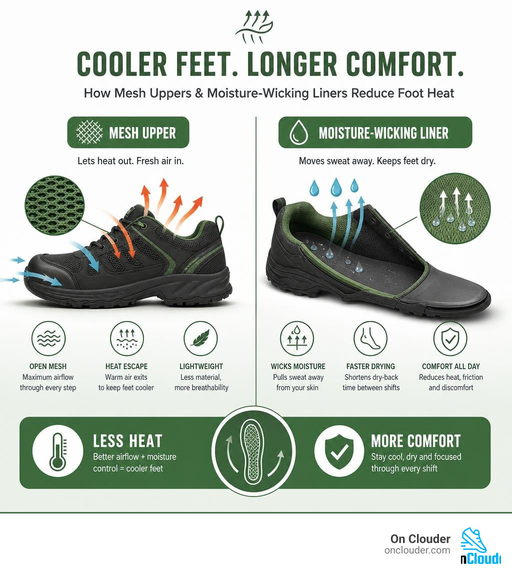 Infographic showing how mesh uppers and moisture-wicking liners reduce foot heat in safety toe shoes infographic Infographic showing how mesh uppers and moisture-wicking liners reduce foot heat in safety toe shoes infographic