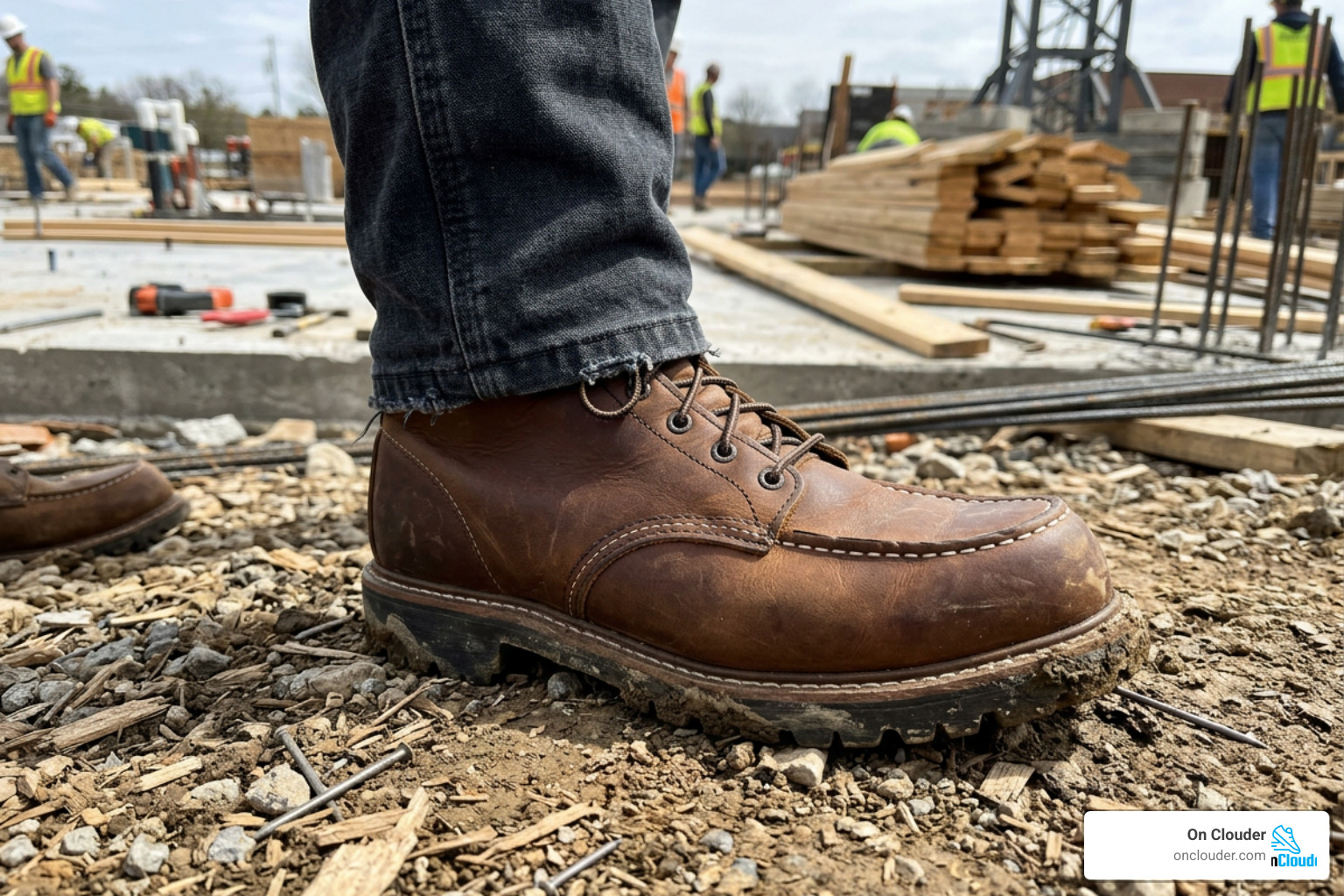 Thorogood American Heritage soft toe moc toe boot on a construction site Thorogood American Heritage soft toe moc toe boot on a construction site