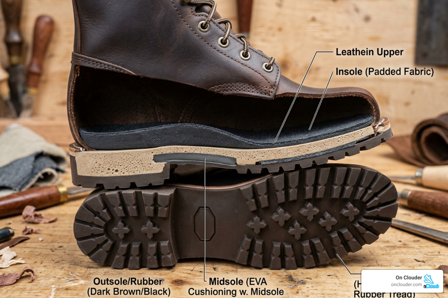 Anatomy of boot cushioning showing insole, midsole, and outsole layers Anatomy of boot cushioning showing insole, midsole, and outsole layers