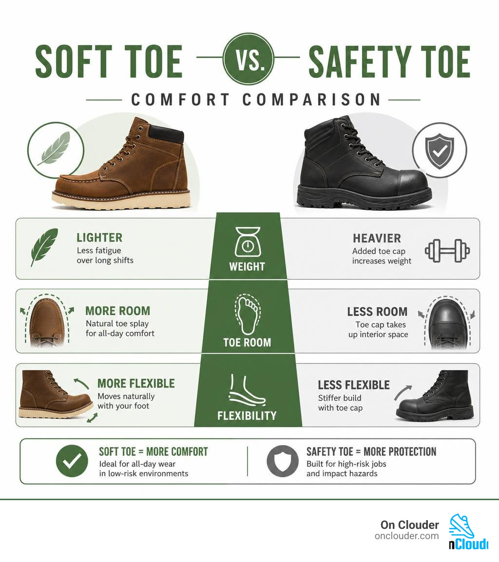 Soft toe vs safety toe comfort comparison infographic showing weight, toe room, and flexibility differences infographic Soft toe vs safety toe comfort comparison infographic showing weight, toe room, and flexibility differences infographic