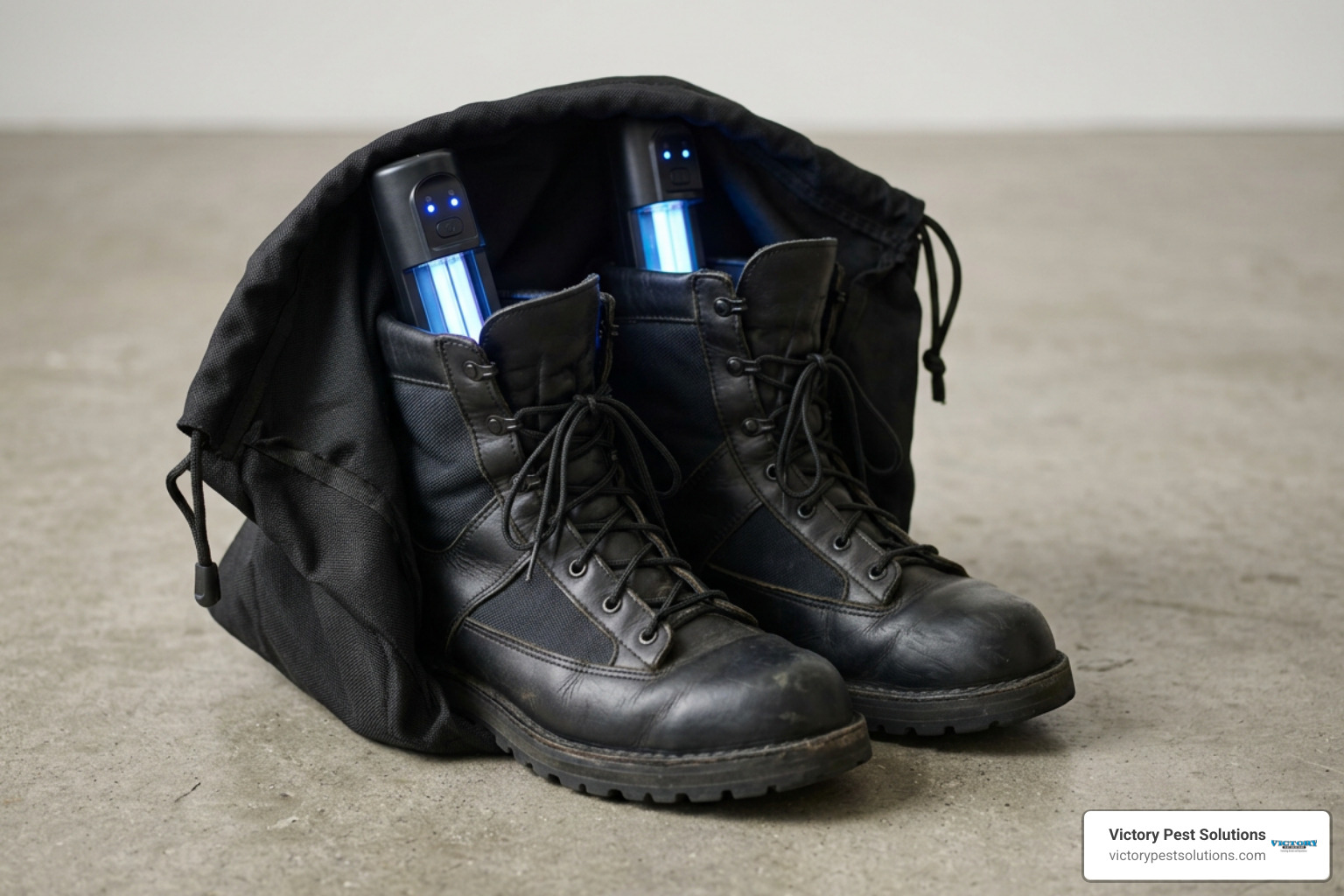 UV shoe sanitizer placed inside work boots with protective bag UV shoe sanitizer placed inside work boots with protective bag