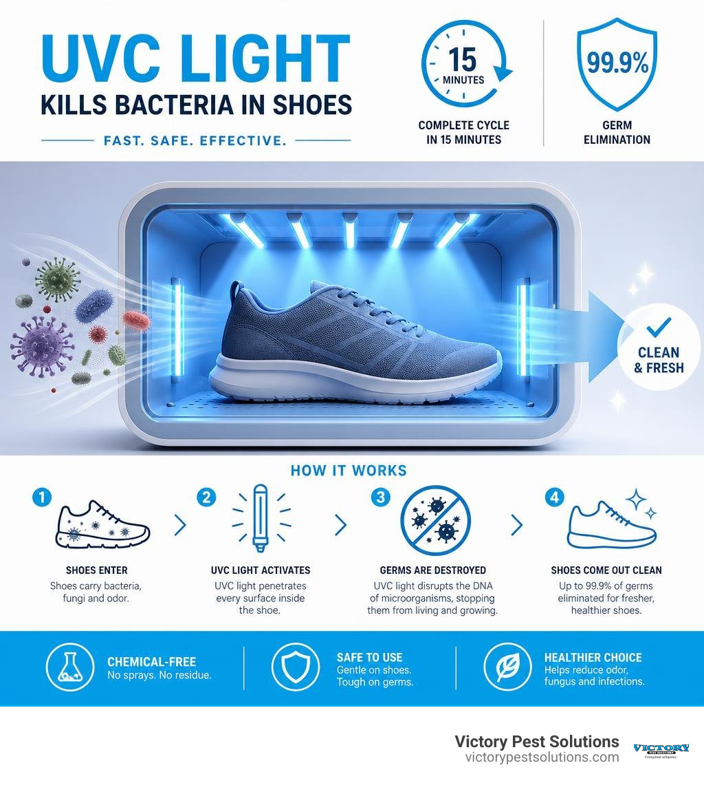 Infographic showing how UVC light kills bacteria in shoes in 15 minutes with 99.9% germ elimination infographic Infographic showing how UVC light kills bacteria in shoes in 15 minutes with 99.9% germ elimination infographic