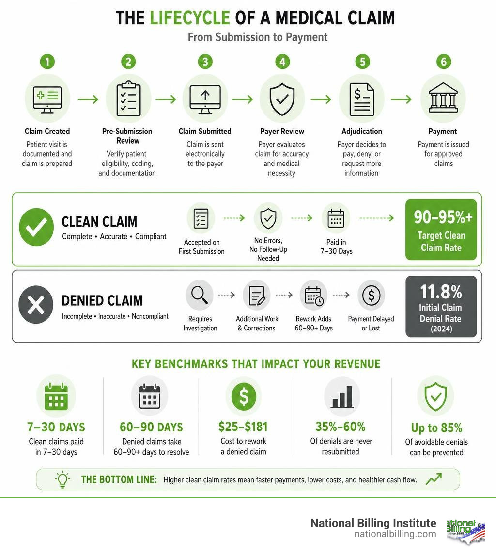 Infographic showing the lifecycle of a medical claim from submission to payment, clean vs denied claim rates, and key