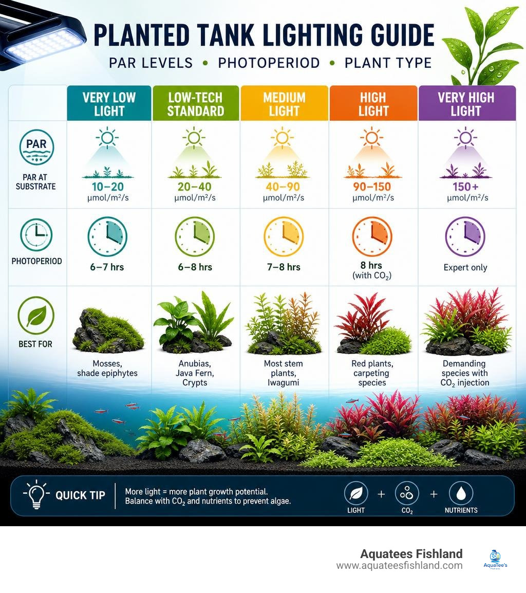 PAR levels, photoperiod, and plant type infographic for planted tank aquarium lighting infographic