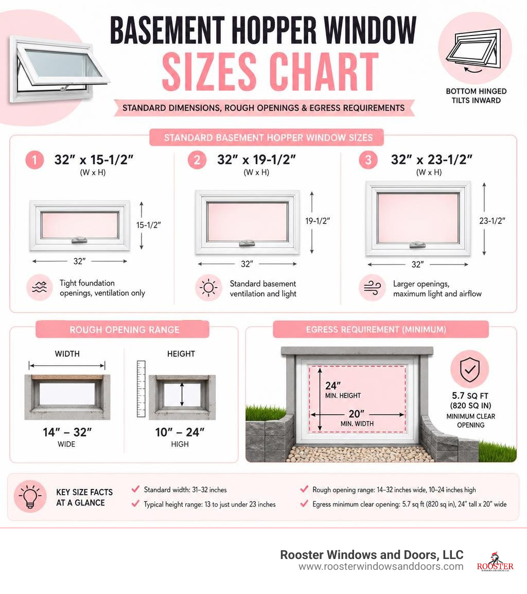 Basement hopper window sizes chart showing standard dimensions, rough openings, and egress requirements infographic Basement hopper window sizes chart showing standard dimensions, rough openings, and egress requirements infographic