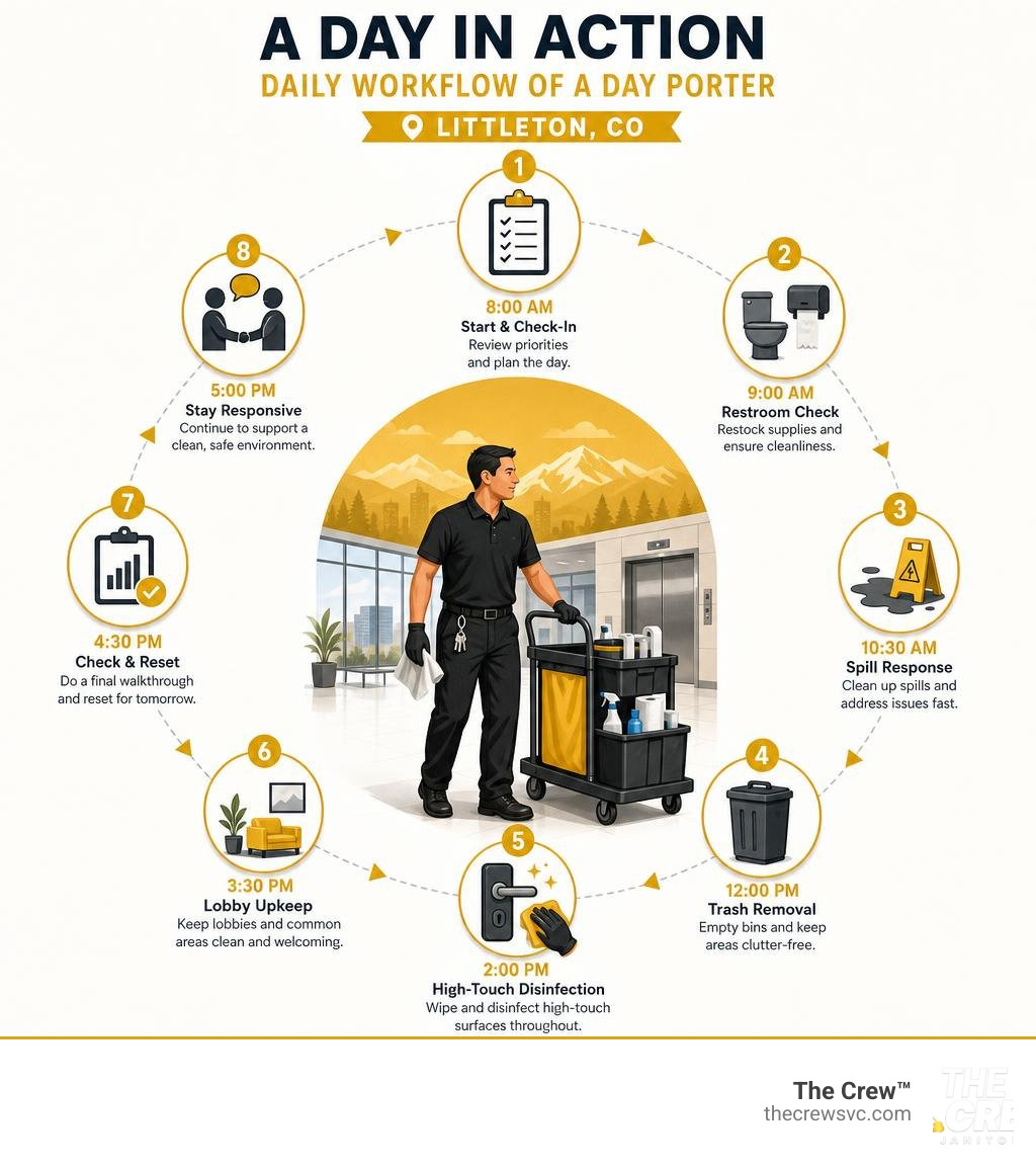 Daily workflow of a day porter in a commercial facility Littleton CO infographic infographic Daily workflow of a day porter in a commercial facility Littleton CO infographic infographic