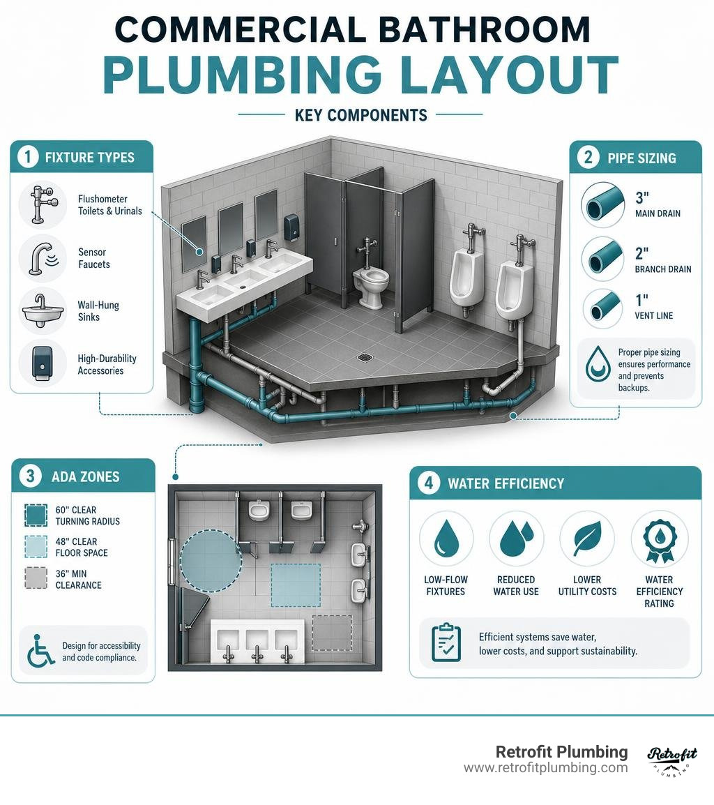 Commercial bathroom plumbing layout infographic showing key components: fixture types, pipe sizing, ADA zones, water Commercial bathroom plumbing layout infographic showing key components: fixture types, pipe sizing, ADA zones, water