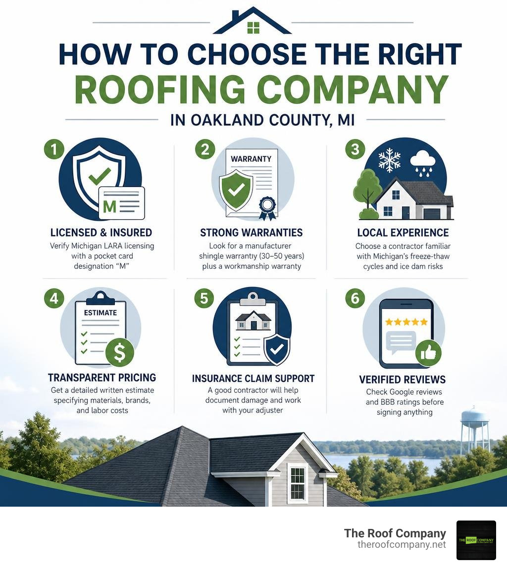 Infographic showing key criteria for choosing a roofing company in Oakland County MI infographic Infographic showing key criteria for choosing a roofing company in Oakland County MI infographic