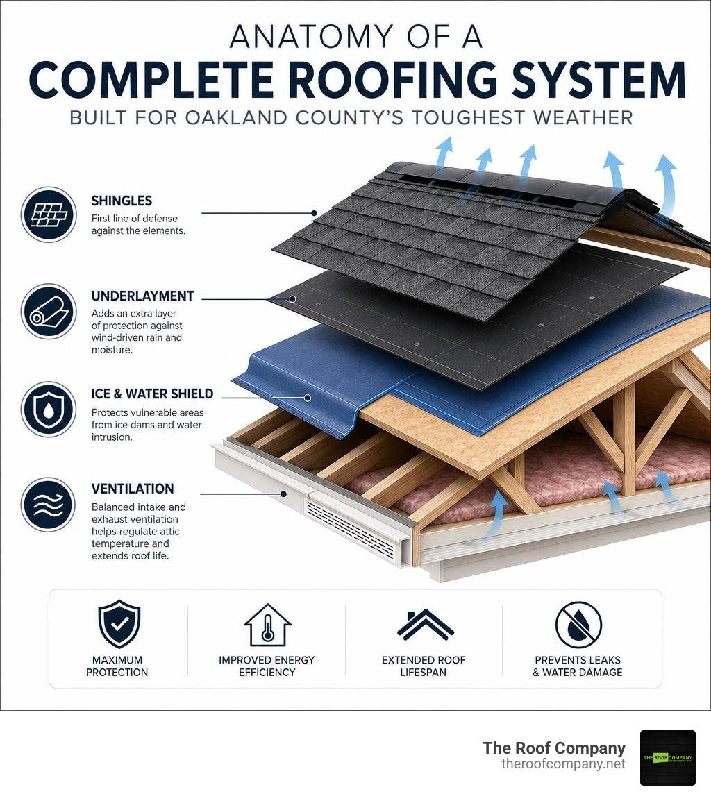 Anatomy of a complete roofing system showing underlayment, ice and water shield, and ventilation infographic Anatomy of a complete roofing system showing underlayment, ice and water shield, and ventilation infographic