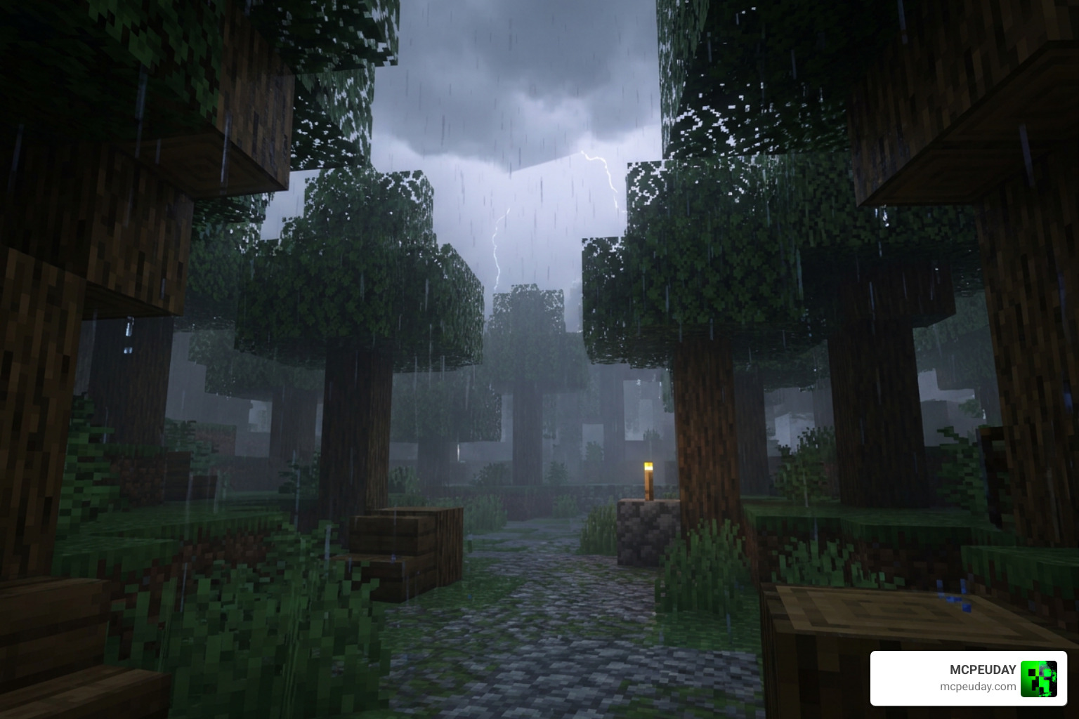 A beautiful, atmospheric rainy evening in a Minecraft forest with the BETTER RAIN+ Addon enabled