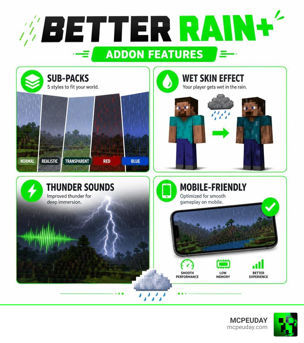 BETTER RAIN+ Addon features infographic: sub-packs, wet skin, thunder sounds, mobile-friendly infographic