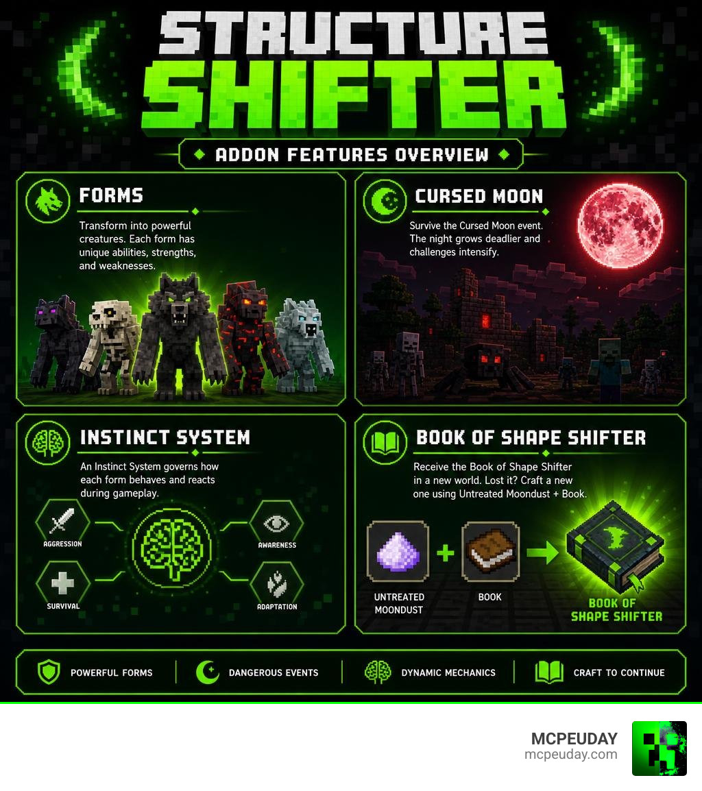 Structure Shifter Addon features overview infographic showing forms, Cursed Moon, Instinct System, and Book of Shape Shifter