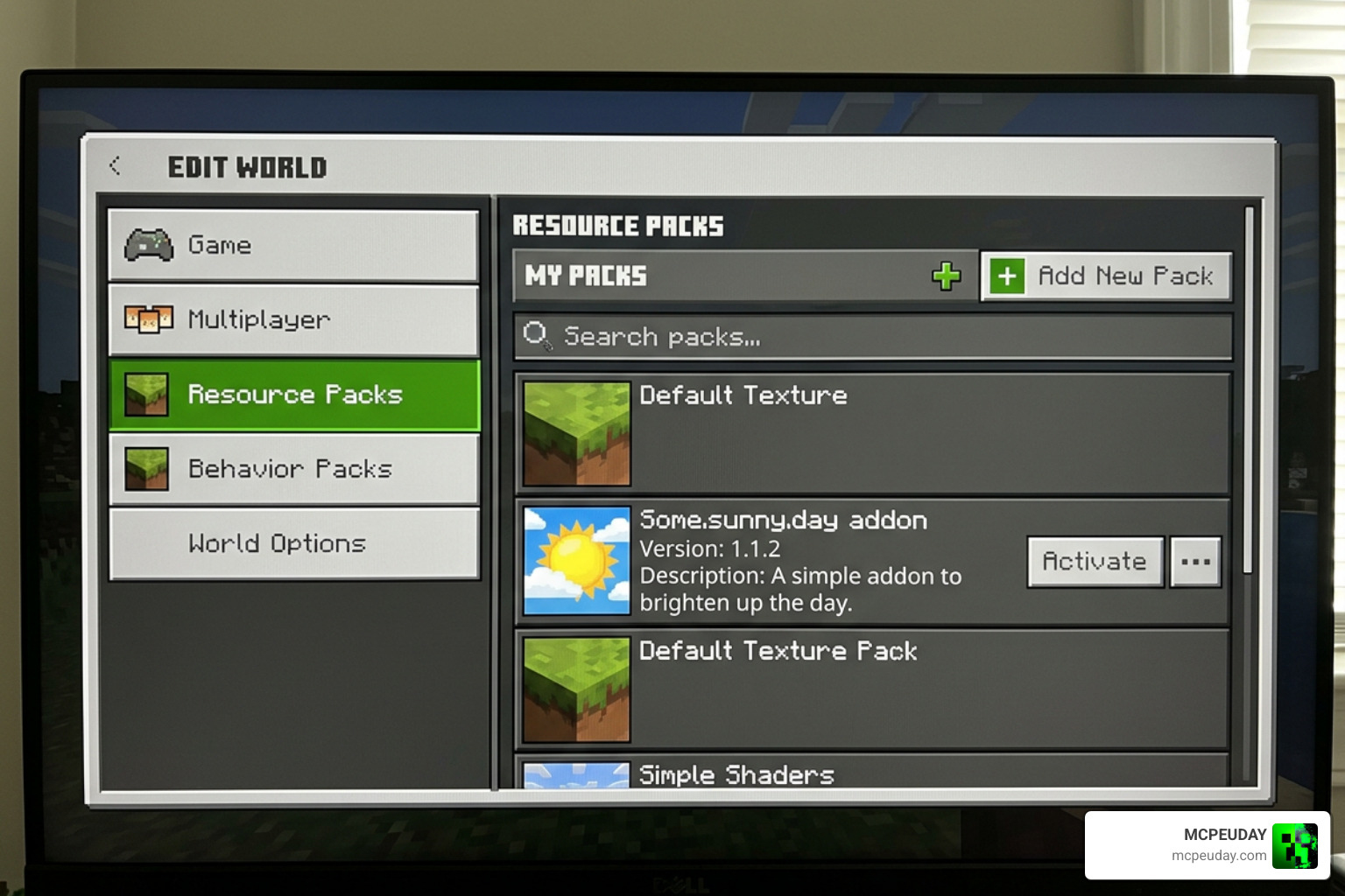 Importing the Some.sunny.day Addon into Minecraft Bedrock world settings
