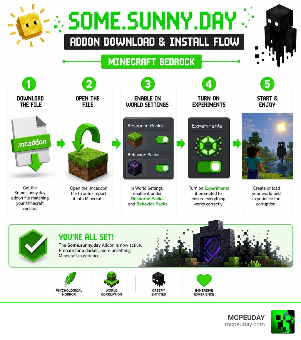 Infographic showing Some.sunny.day Addon download and install flow for Minecraft Bedrock infographic